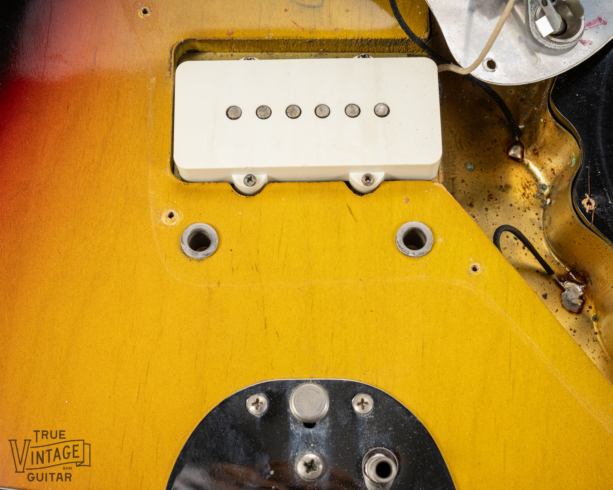 1965 Fender Jazzmaster sunburst guitar bridge holes and screw holes