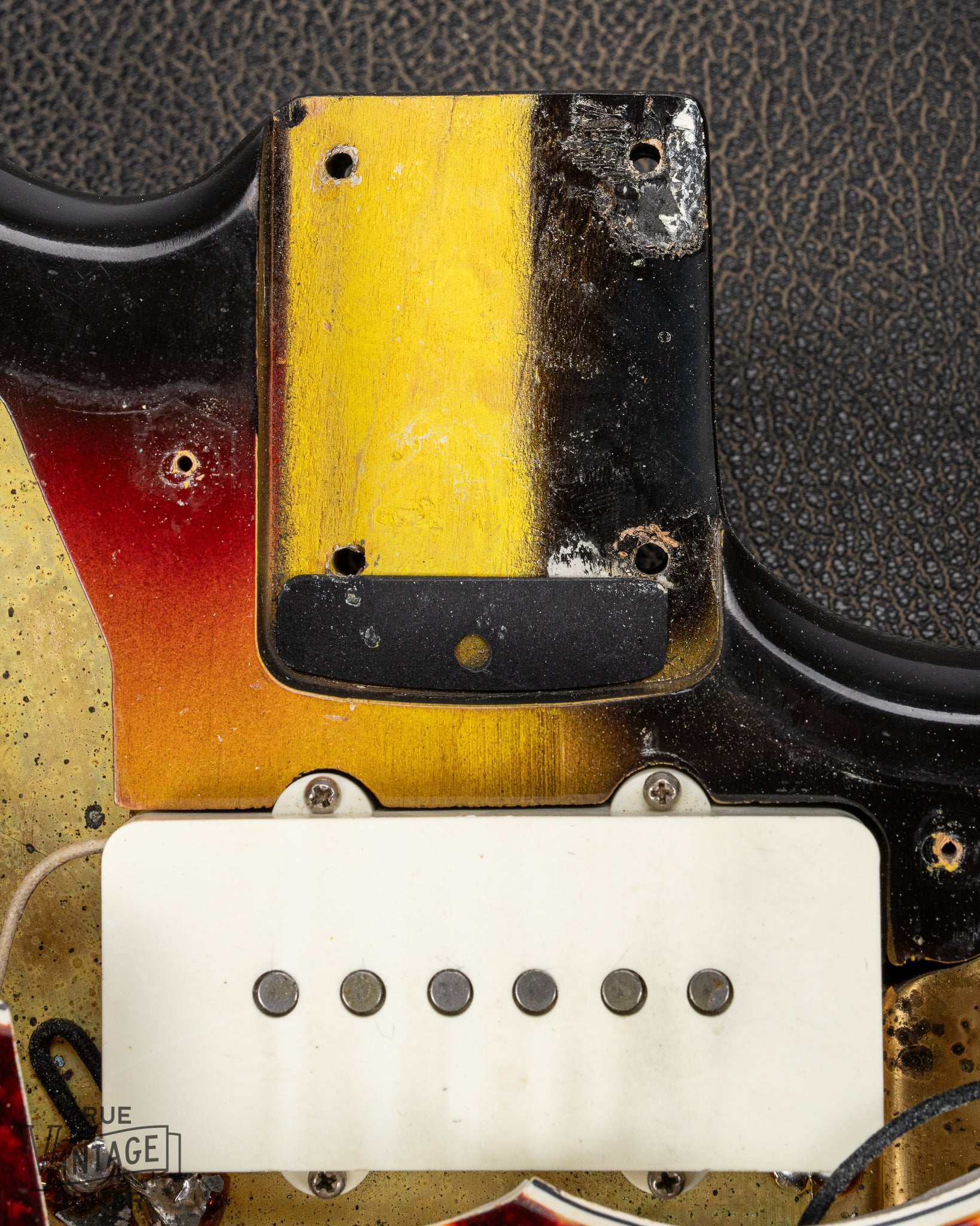 1965 Fender Jazzmaster sunburst guitar neck pocket and screw holes 