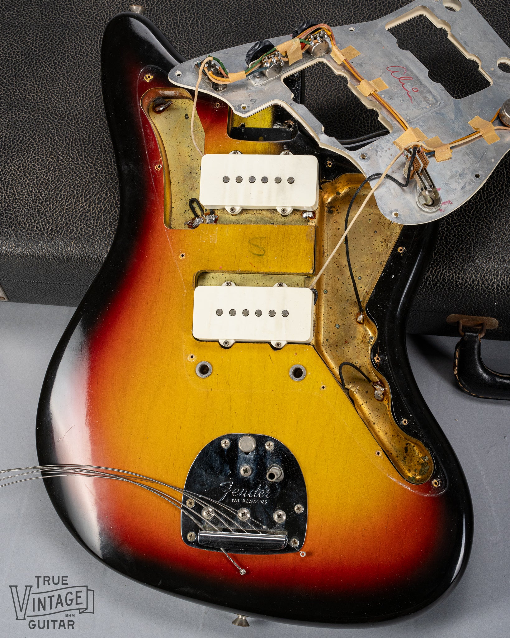 1965 Fender Jazzmaster sunburst guitar body control cavity original pickups and shielding screw holes