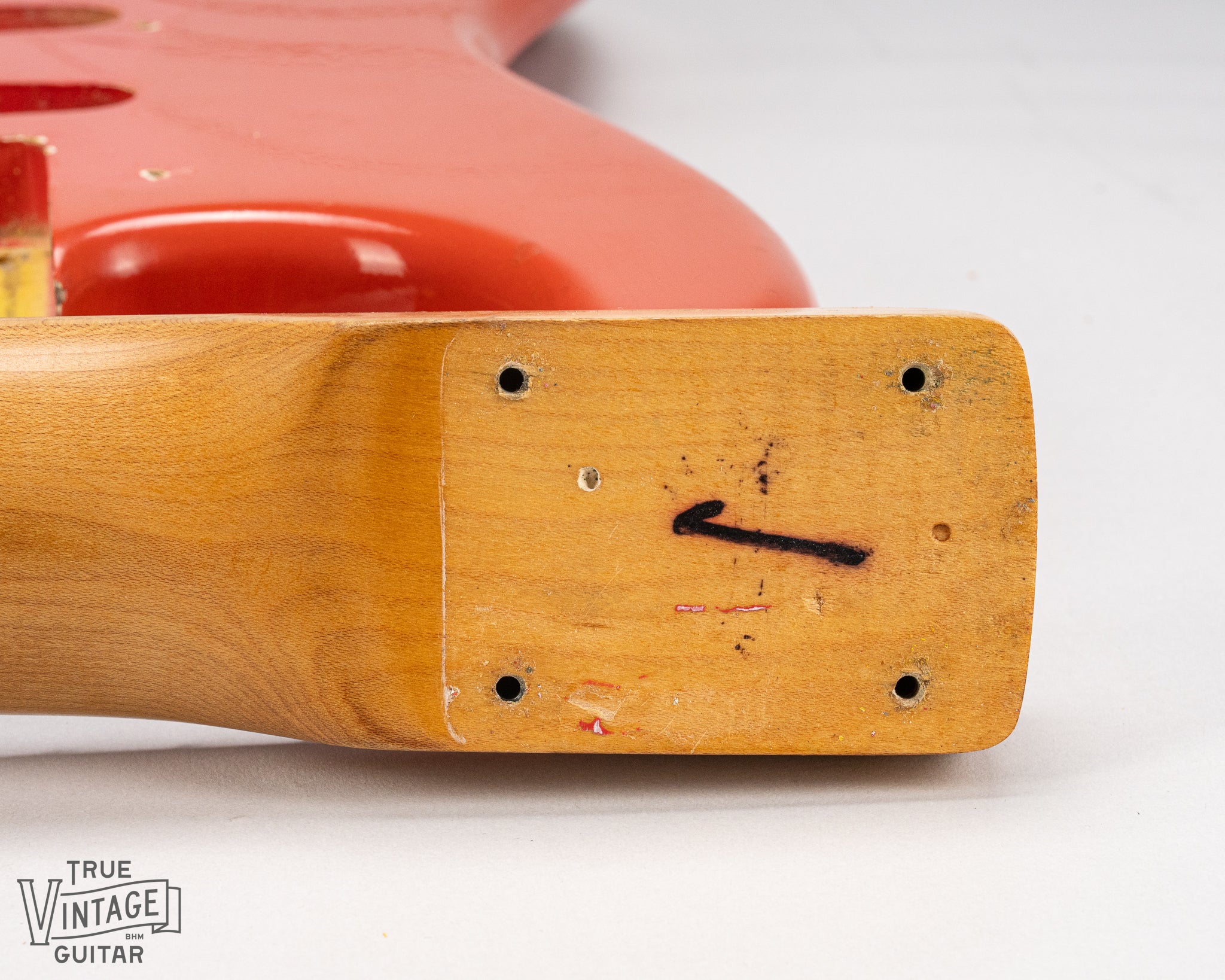 1965 Fender Stratocaster Fiesta Red custom color guitar neck heel