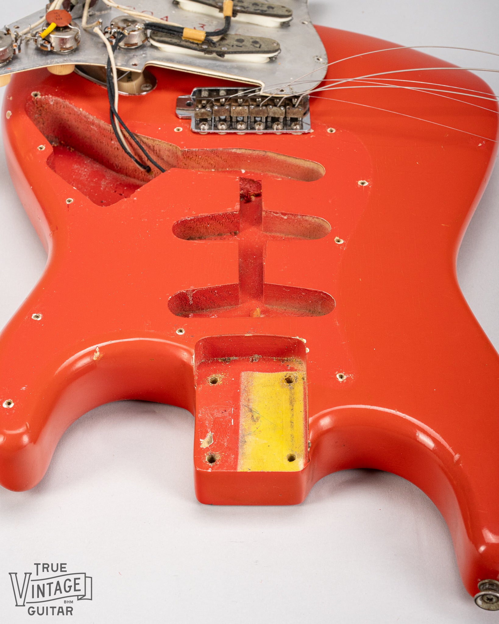 1965 Fender Stratocaster Fiesta Red custom color guitar interior cavities neck pocket