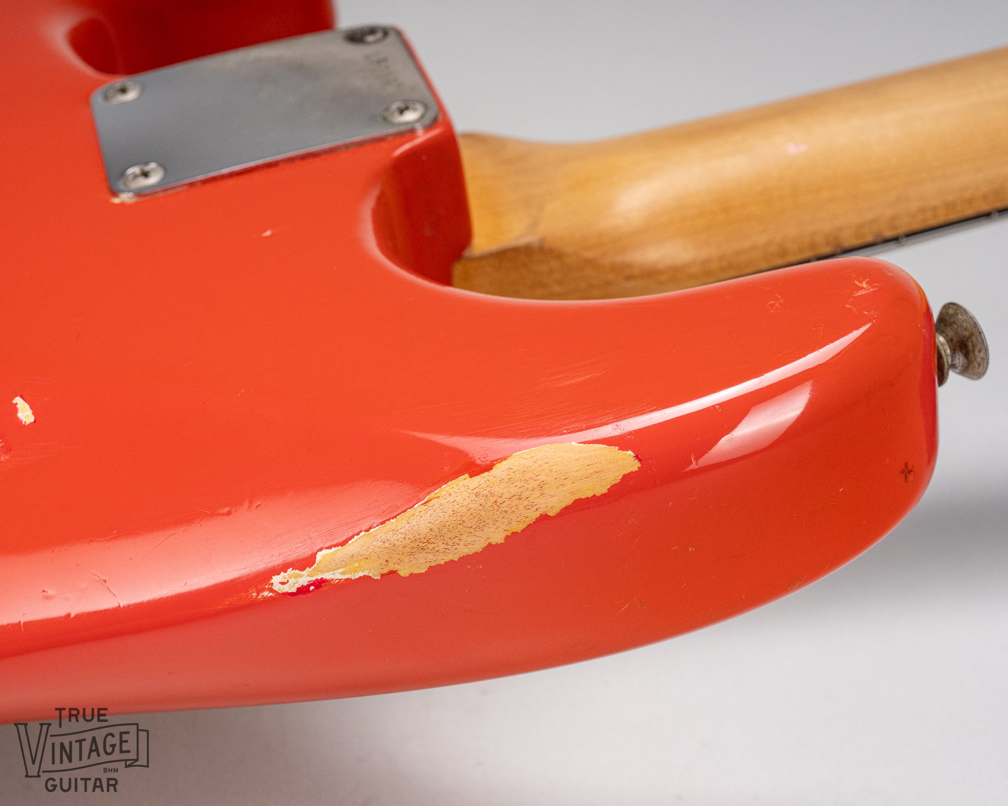 1965 Fender Stratocaster Fiesta Red custom color guitar finish wear