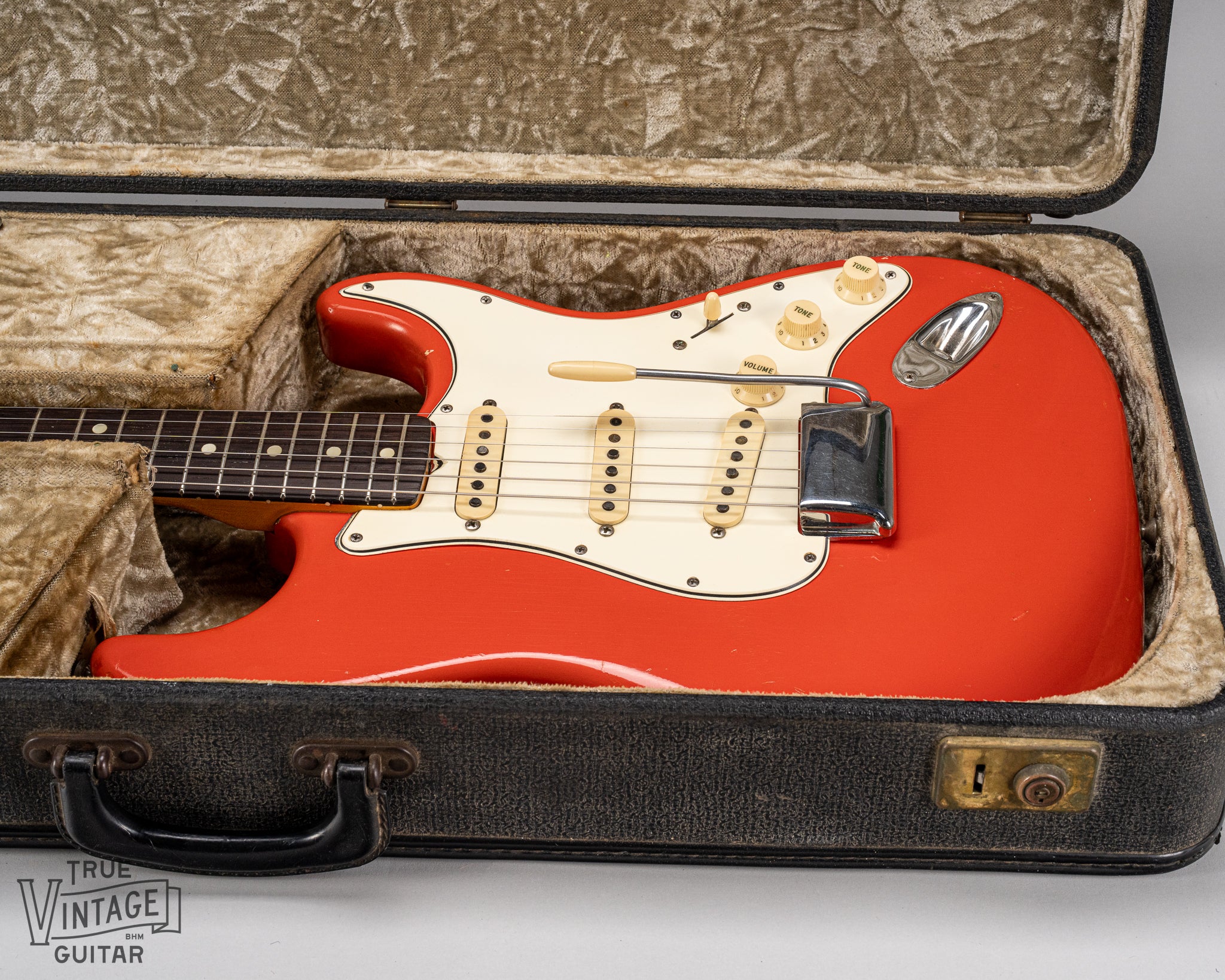 1965 Fender Stratocaster Fiesta Red custom color guitar front of body in original Australia case