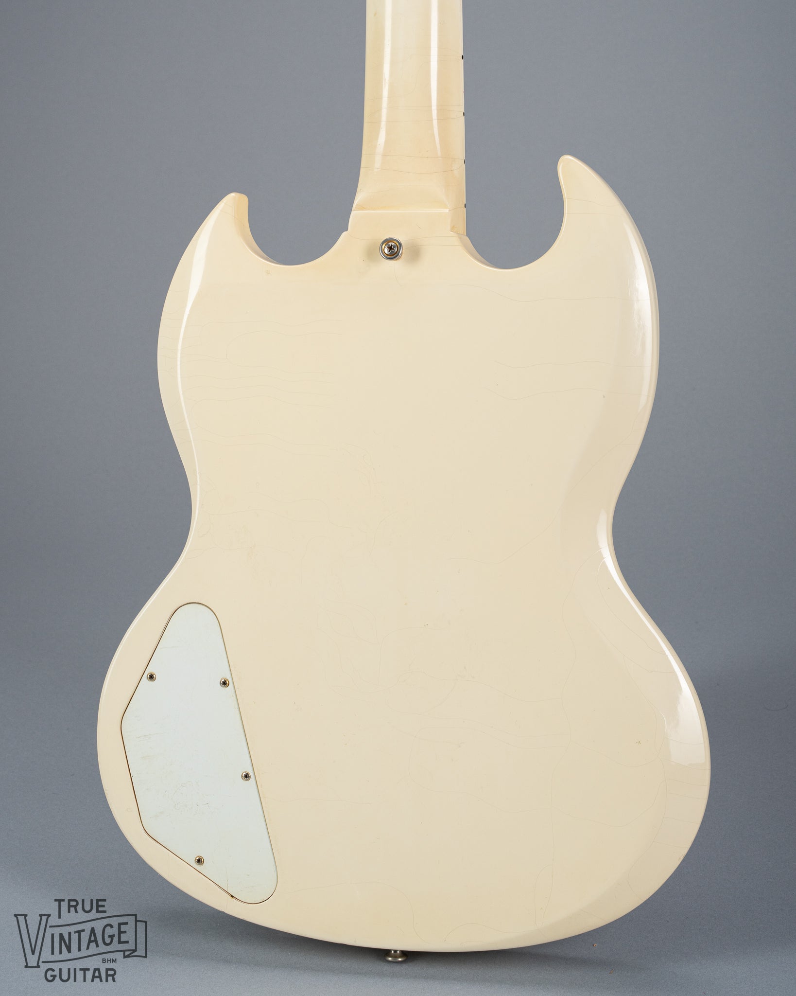 back of 1965 Gibson SG Custom white guitar three pickup with Bigsby B5 vibrato tailpiece control plate