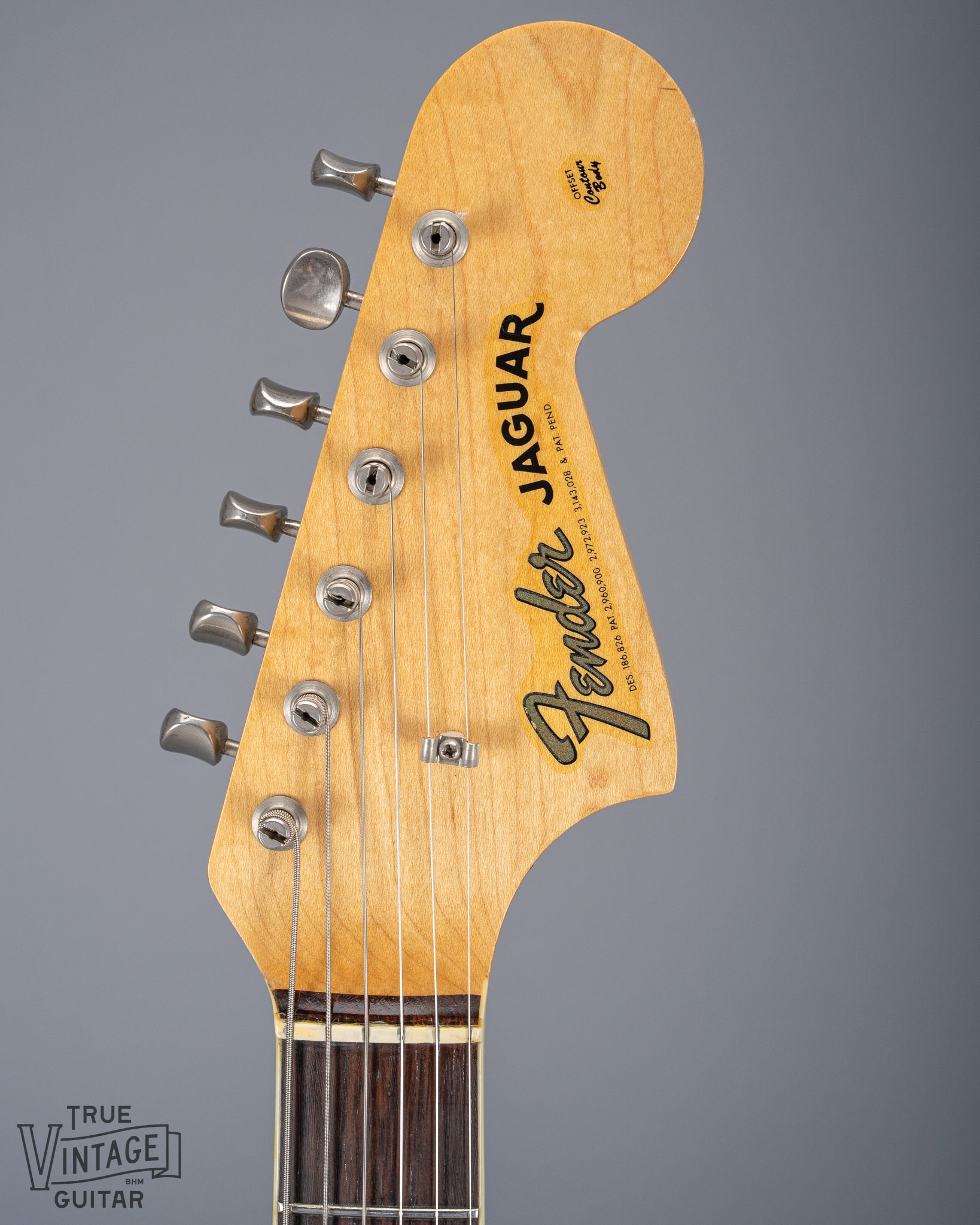 Front of 1965 Fender Jaguar Sunburst Headstock Neck Tuning Machines Binding Pearloid Inlays CBS Fender Jaguar Logo 