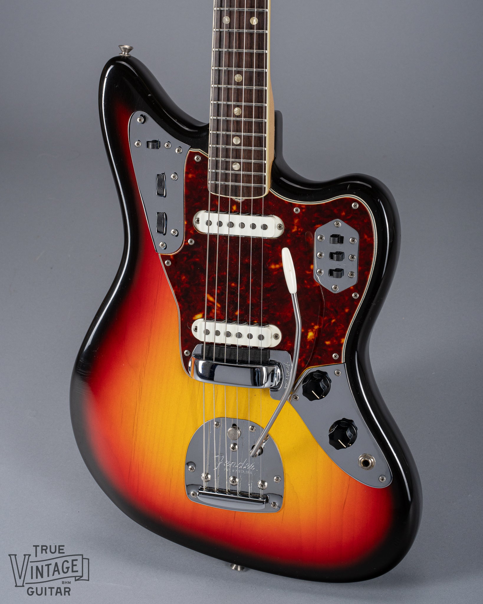 Front of 1965 Fender Jaguar Sunburst Pickups Fretboard Binding Tortoise Shell Pick Guard Tremelo System Bridge Cover Pearloid Inlays