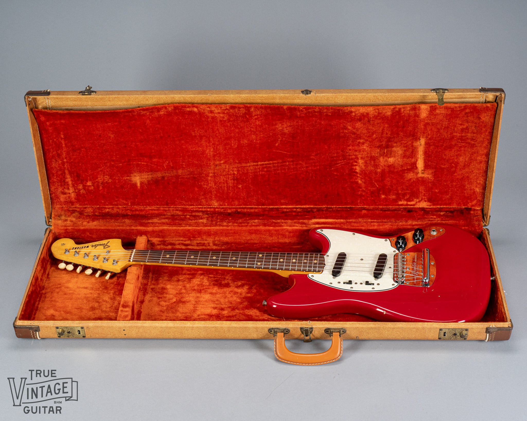 1965 Fender Mustang Red guitar in original case body neck fretboard headstock