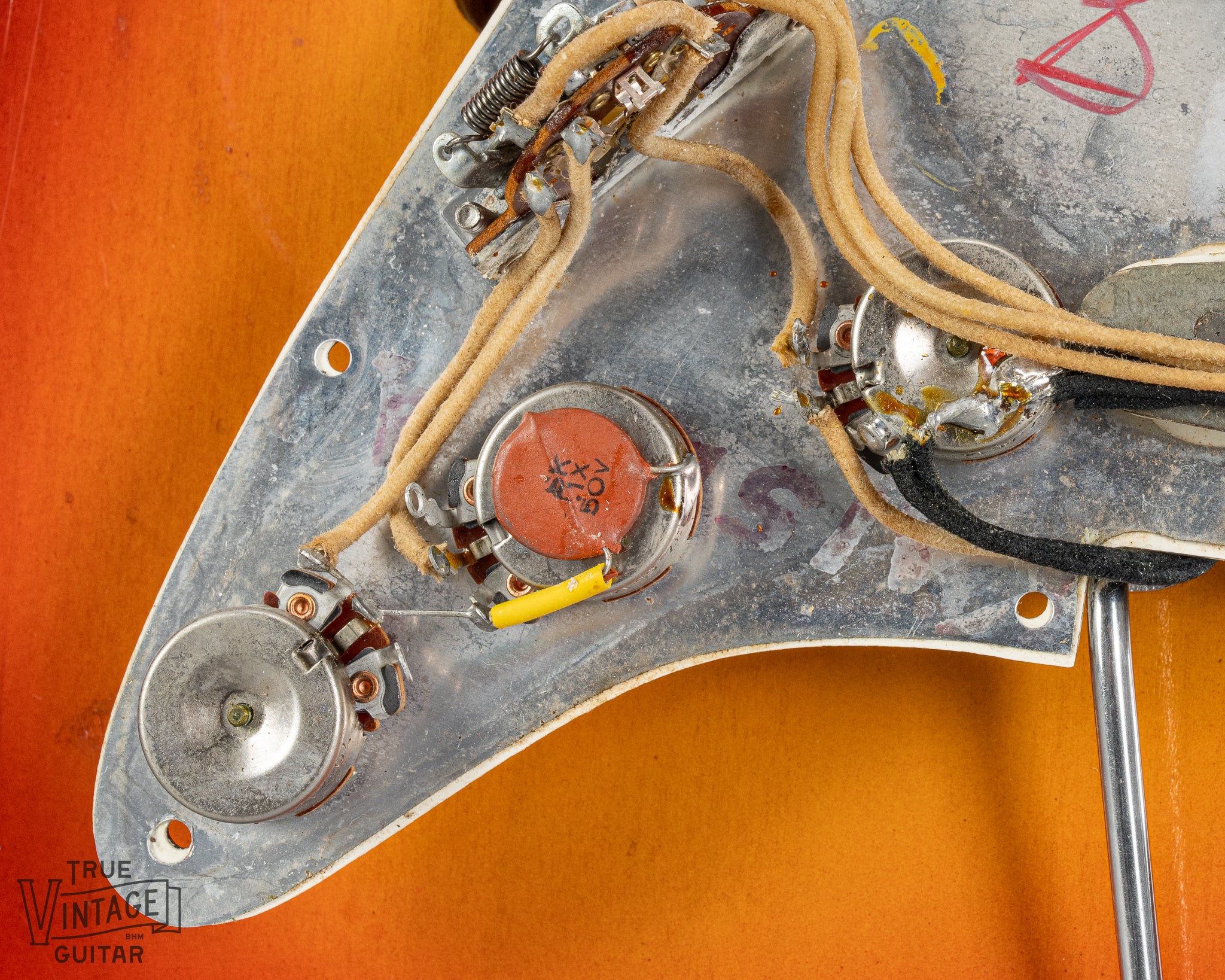 1965 Fender Stratocaster sunburst guitar pots and wiring