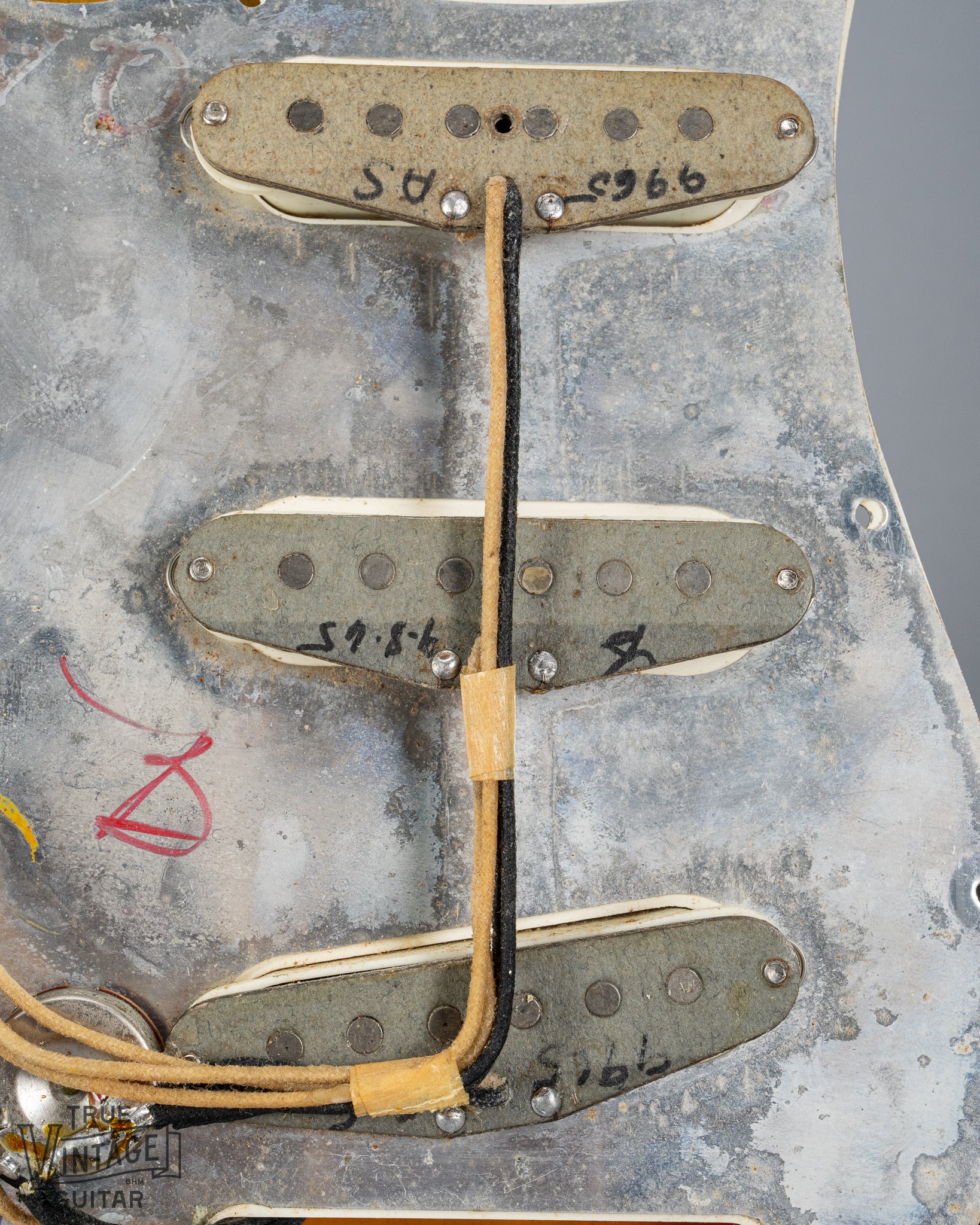 1965 Fender Stratocaster Sunburst under the pickguard pickups wiring electronics 