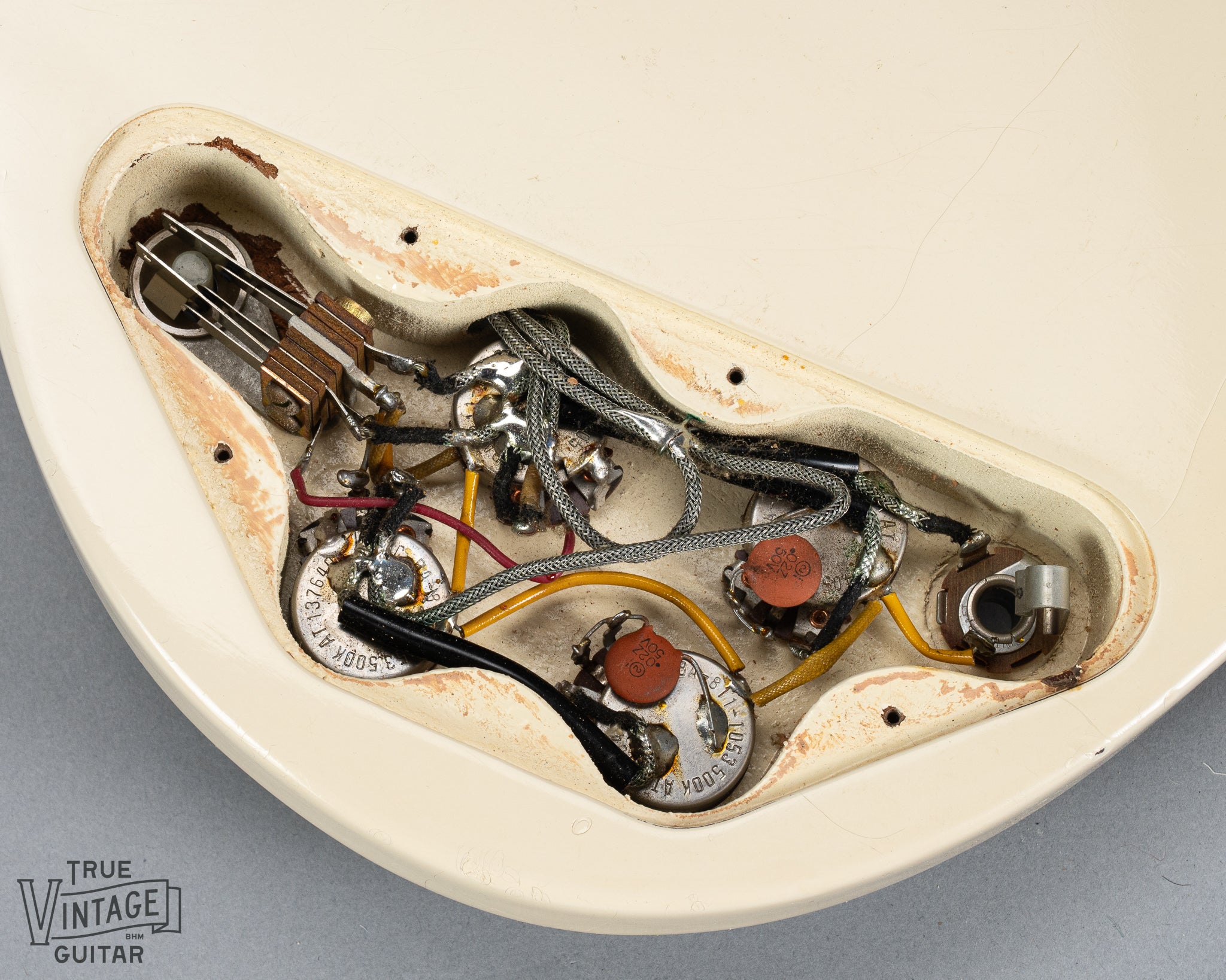 1965 Gibson SG Custom white guitar control cavity volume and tone pots and wiring and electronics