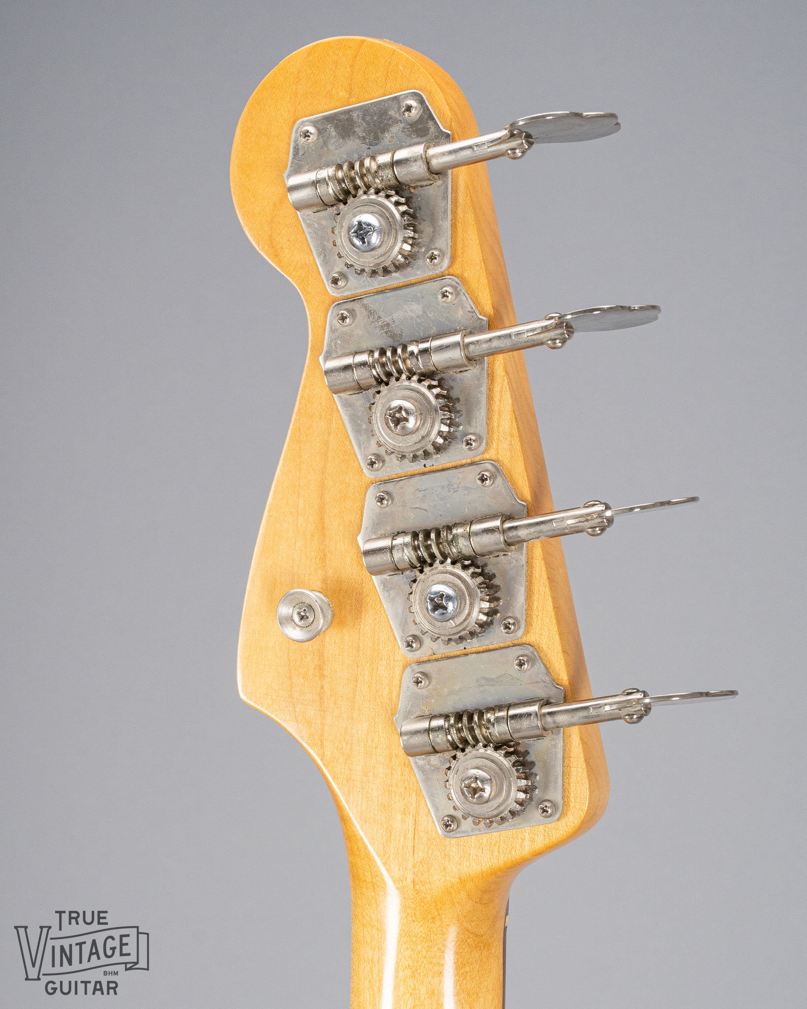 Back of 1966 Fender Precision Bass Blond bass guitar headstock and tuners