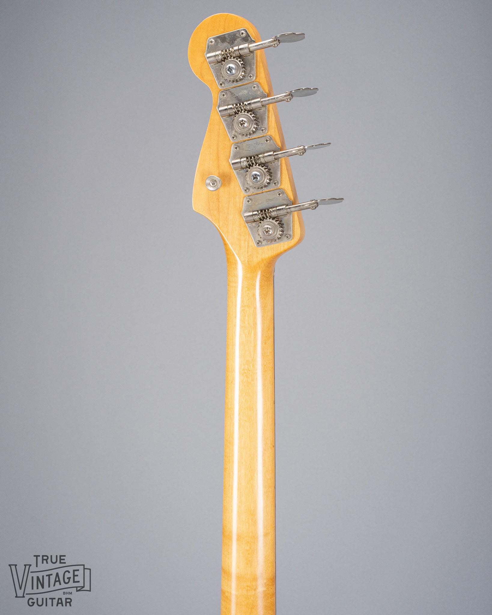 Back of 1966 Fender Precision Bass Blond bass guitar neck headstock and tuners 