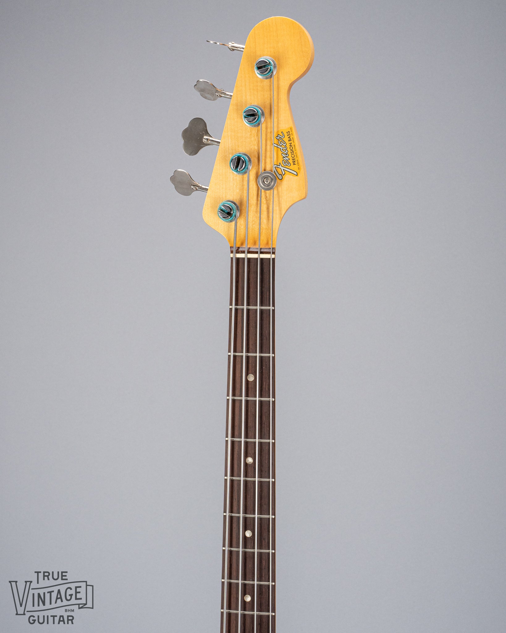 front of 1966 Fender Precision Bass Blond bass guitar neck headstock fretboard original strings