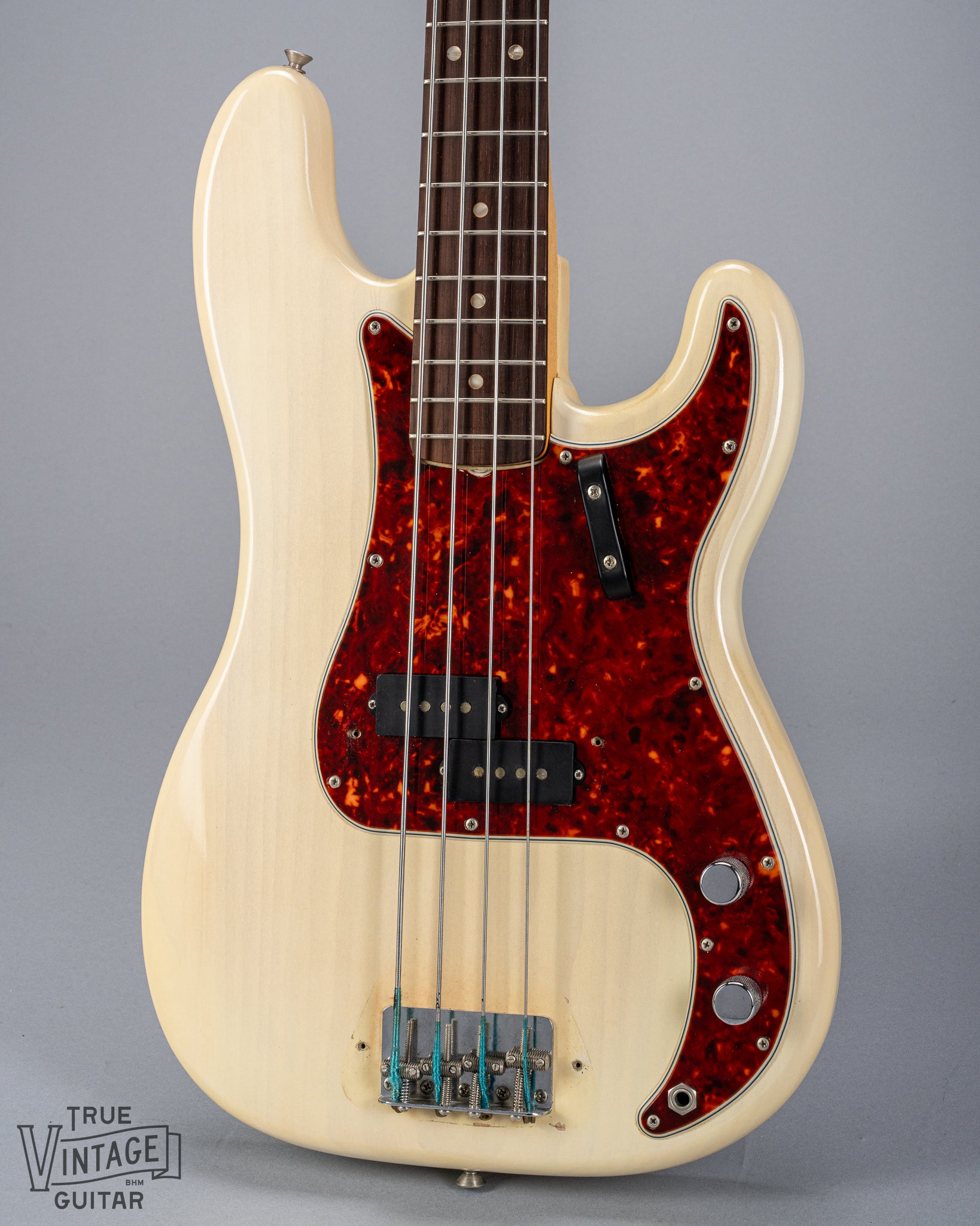 front of 1966 Fender Precision Bass Blond pickups and bridge 