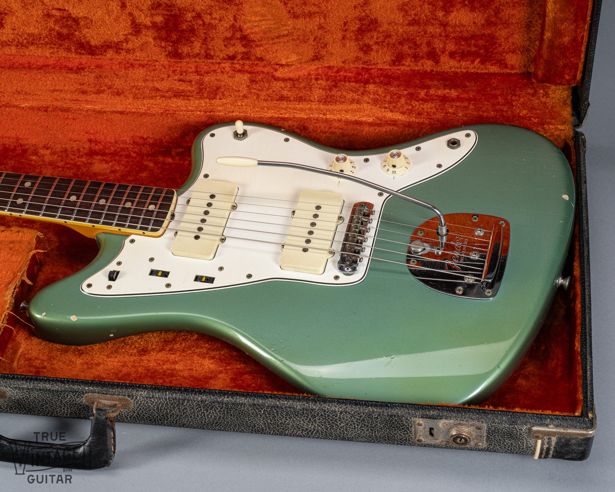 Front of 1966 Fender Jazzmaster Blue Ice Metallic Custom Color Guitar in original case