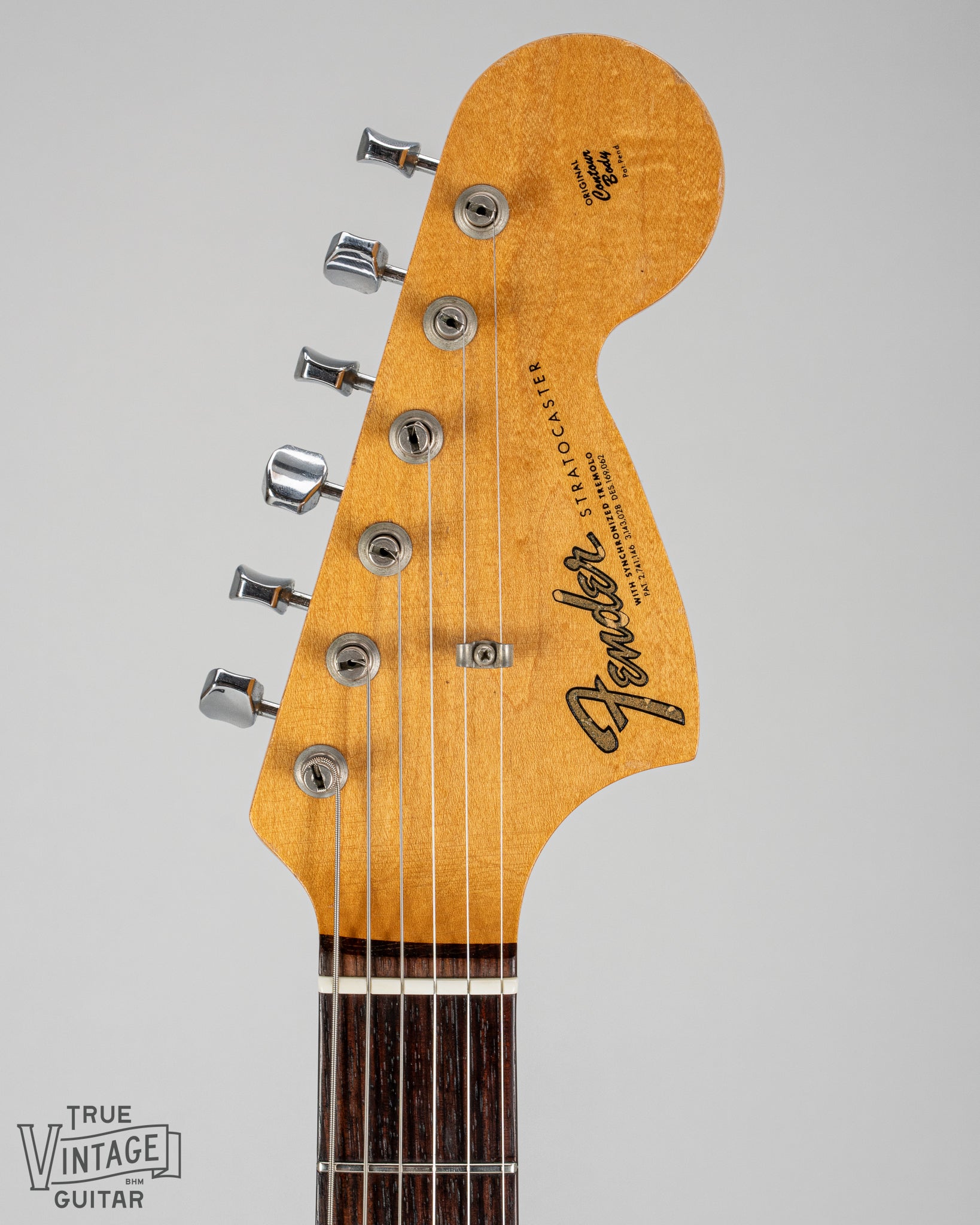 1967 fender Stratocaster Sunburst guitar front of headstock nut tuners and logo 