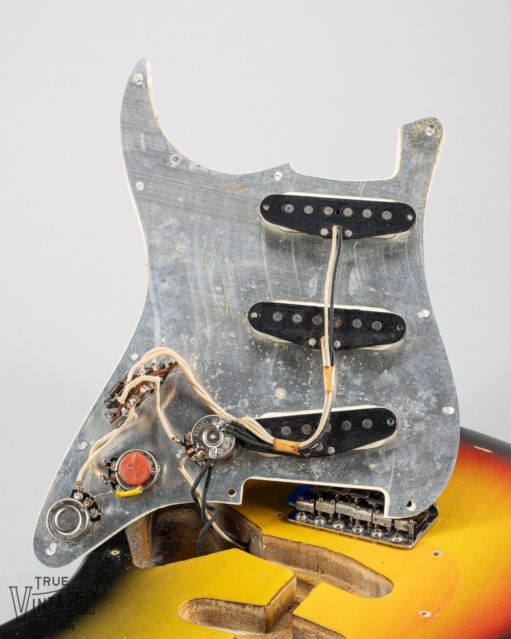1967 fender Stratocaster Sunburst guitar body tortoise shell pickguard pots, wiring, pickups, switch. 