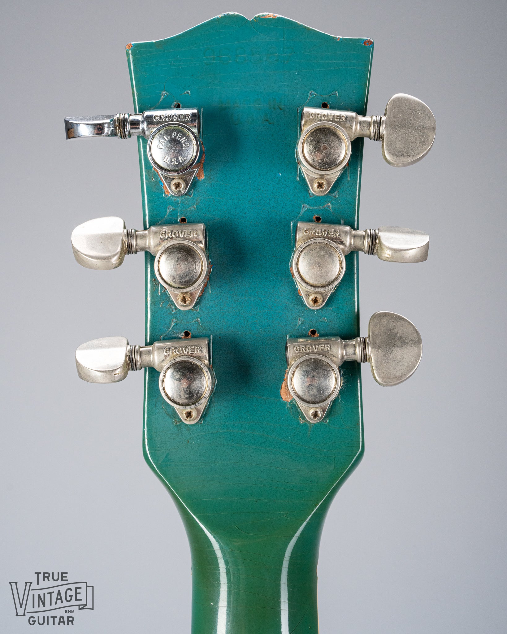back Vintage 1971 Gibson SG Standard headstock and serial number in custom color blue turquoise finish with stereo varitone switch