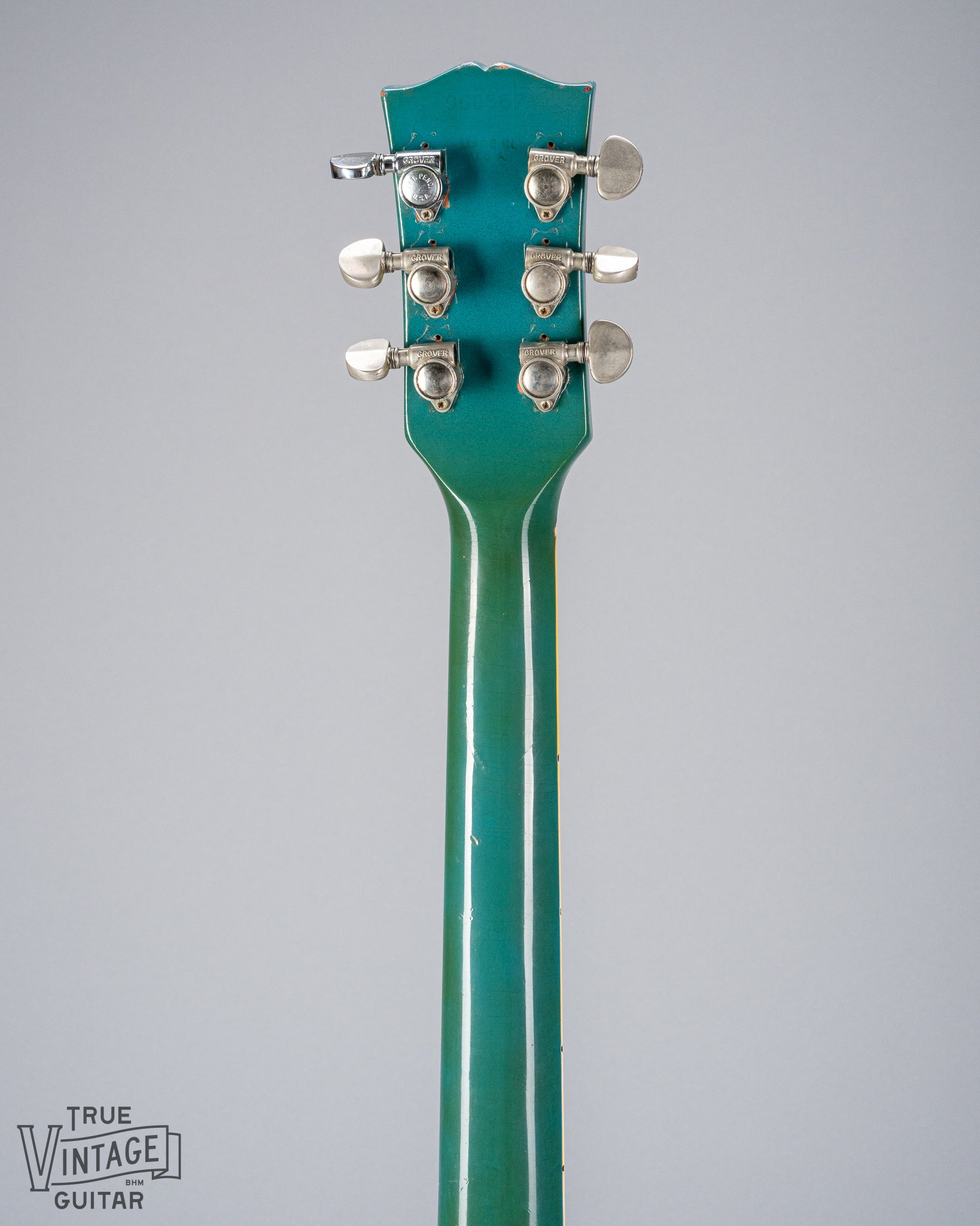 back of Vintage 1971 Gibson SG Standard headstock and neck in custom color blue turquoise finish with stereo varitone switch