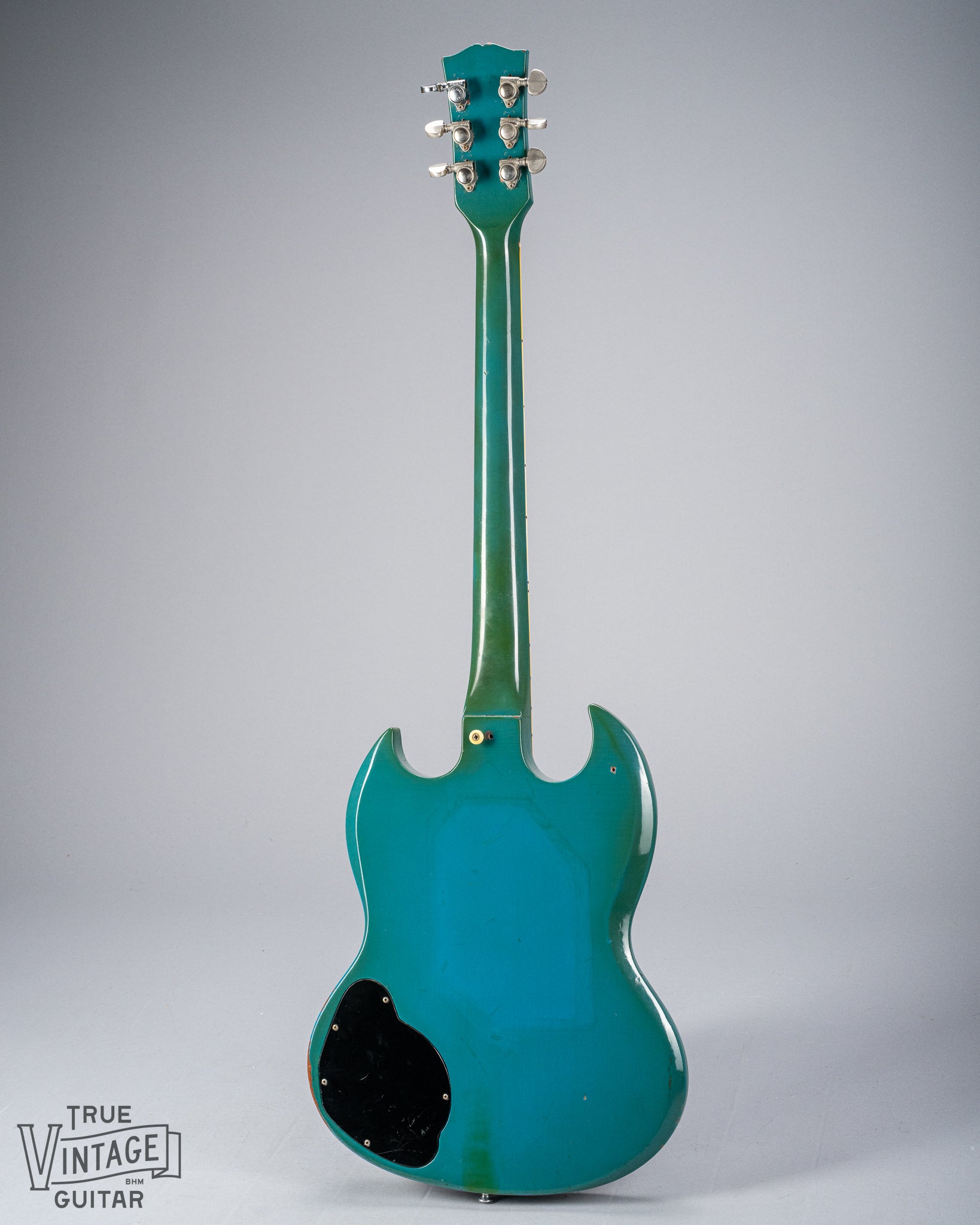 Back of the 1971 Gibson SG Standard Custom blue with stereo varitone switch