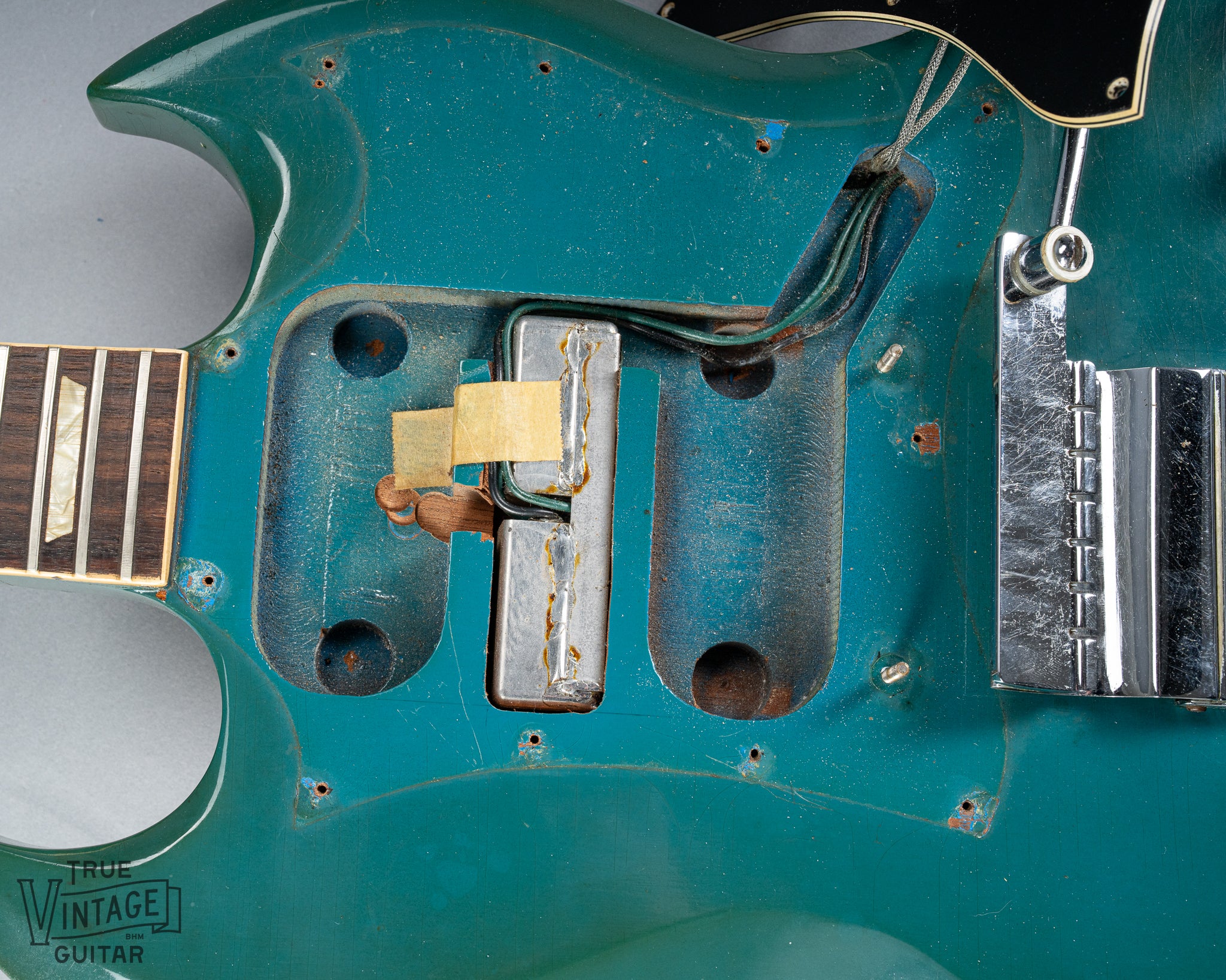 1971 Gibson SG Standard Custom Blue pickup routes, wiring, and screw holes