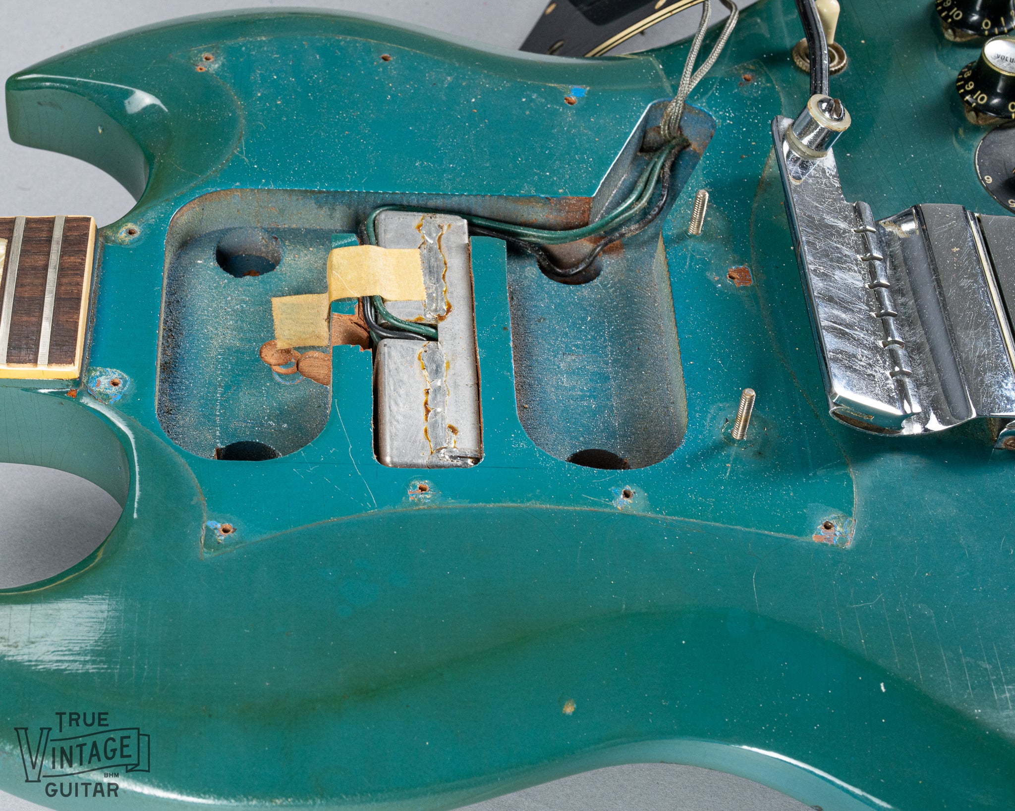 1971 Gibson SG Standard Custom Blue pickup routes, wiring, and screw holes