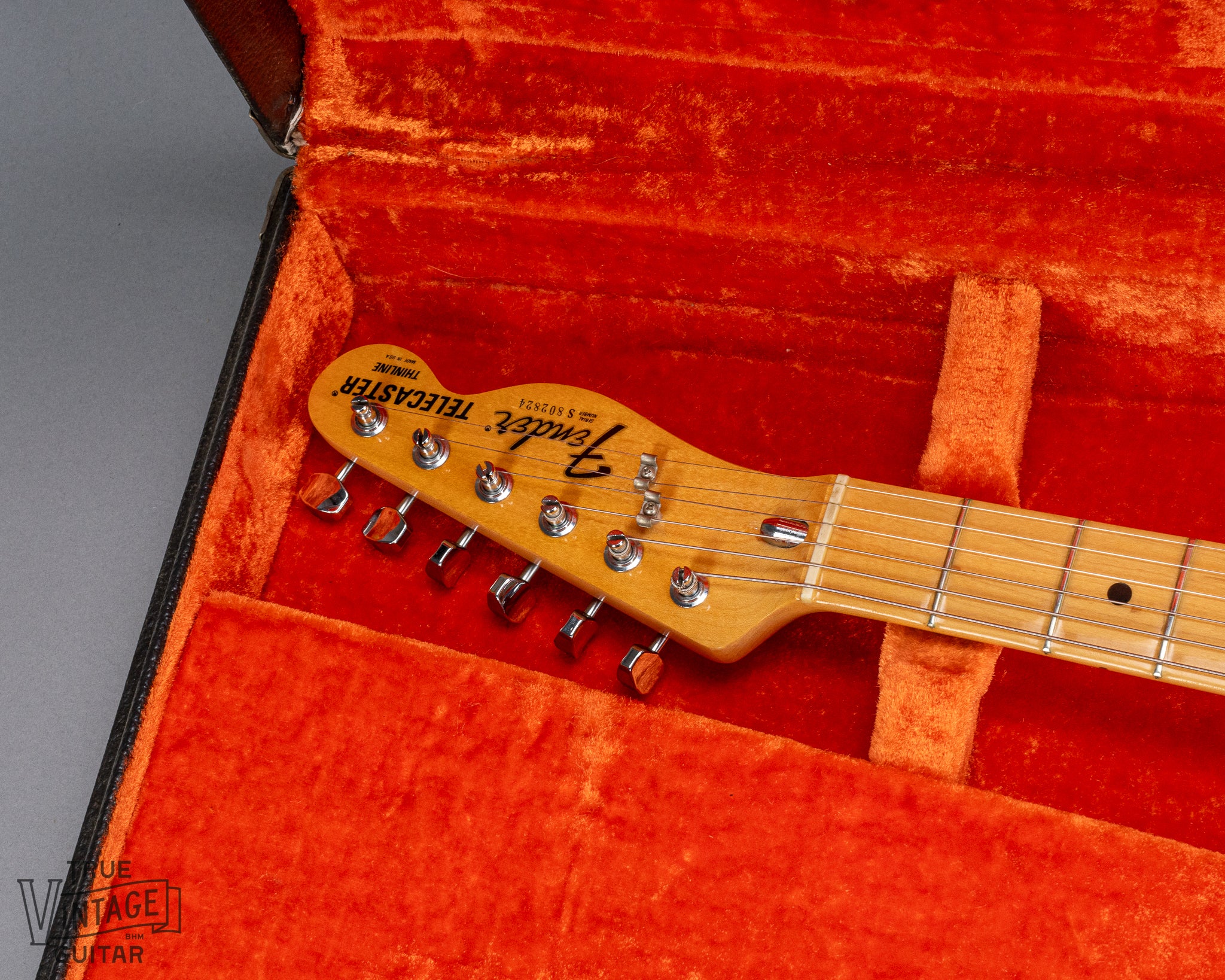 front of 1978 Fender Telecaster Thinline Black guitar semi hollow headstock in original case