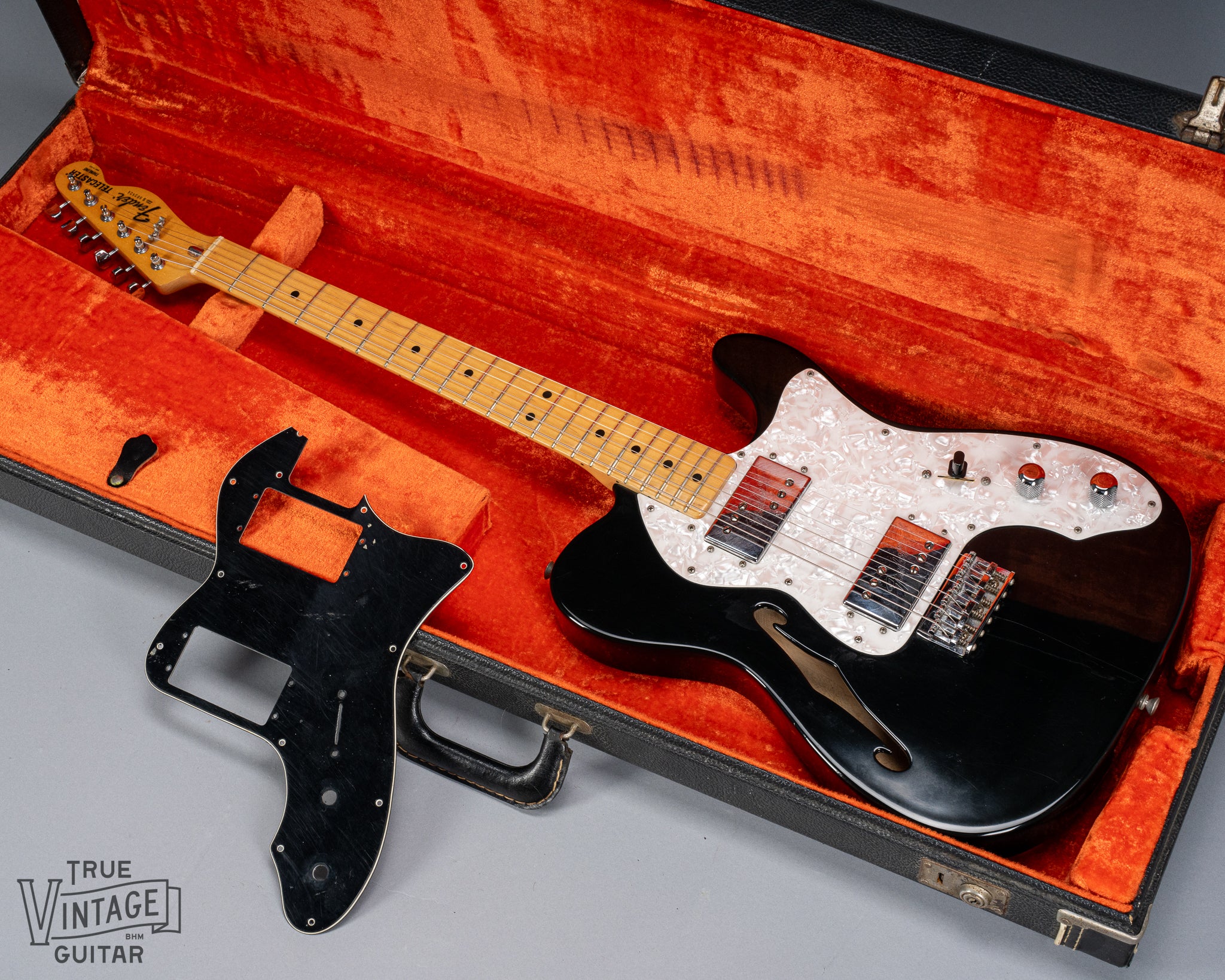 front of 1978 Fender Telecaster Thinline Black guitar body semi hollow humbuckers sparkle guard and original pickguard neck and fretboard original case