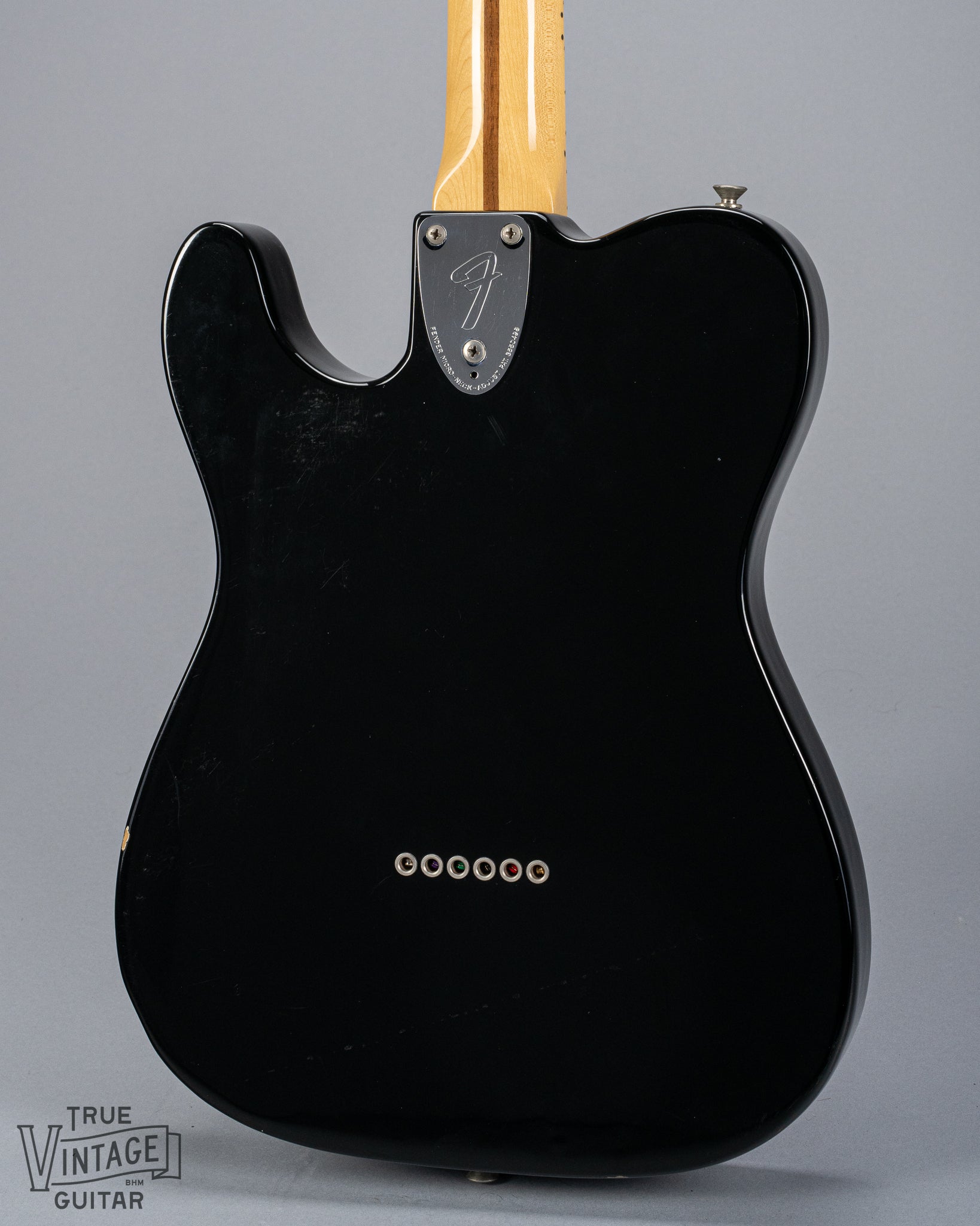 back of 1978 Fender Telecaster Thinline Black guitar body semi hollow 3 bolt 