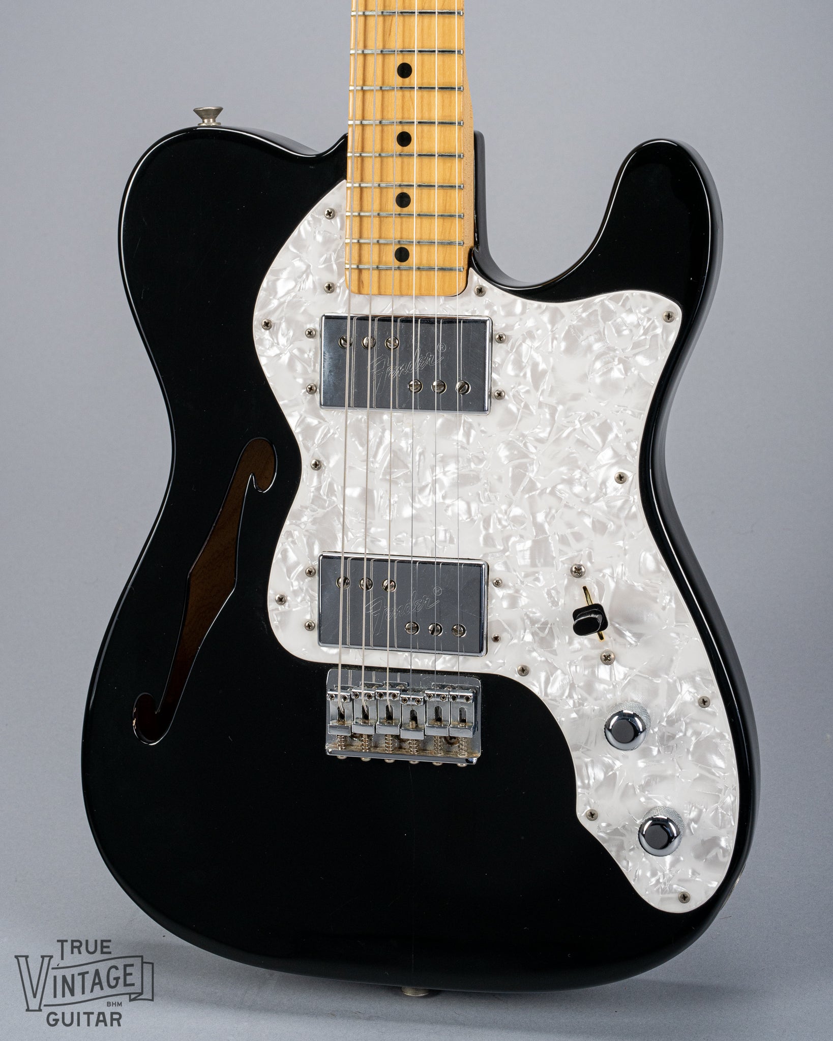 front of 1978 Fender Telecaster Thinline Black guitar body semi hollow humbuckers sparkle guard