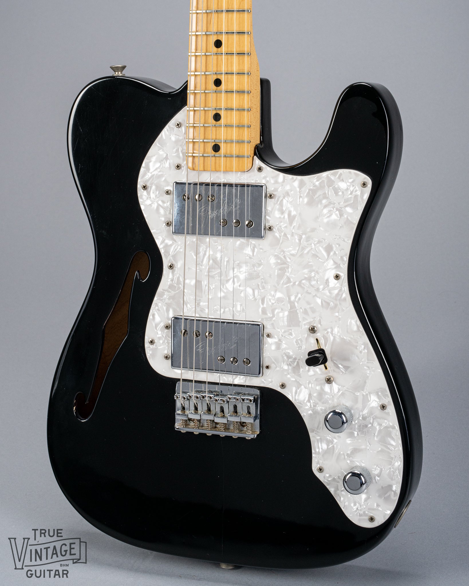 front of 1978 Fender Telecaster Thinline Black guitar body semi hollow humbuckers sparkle guard