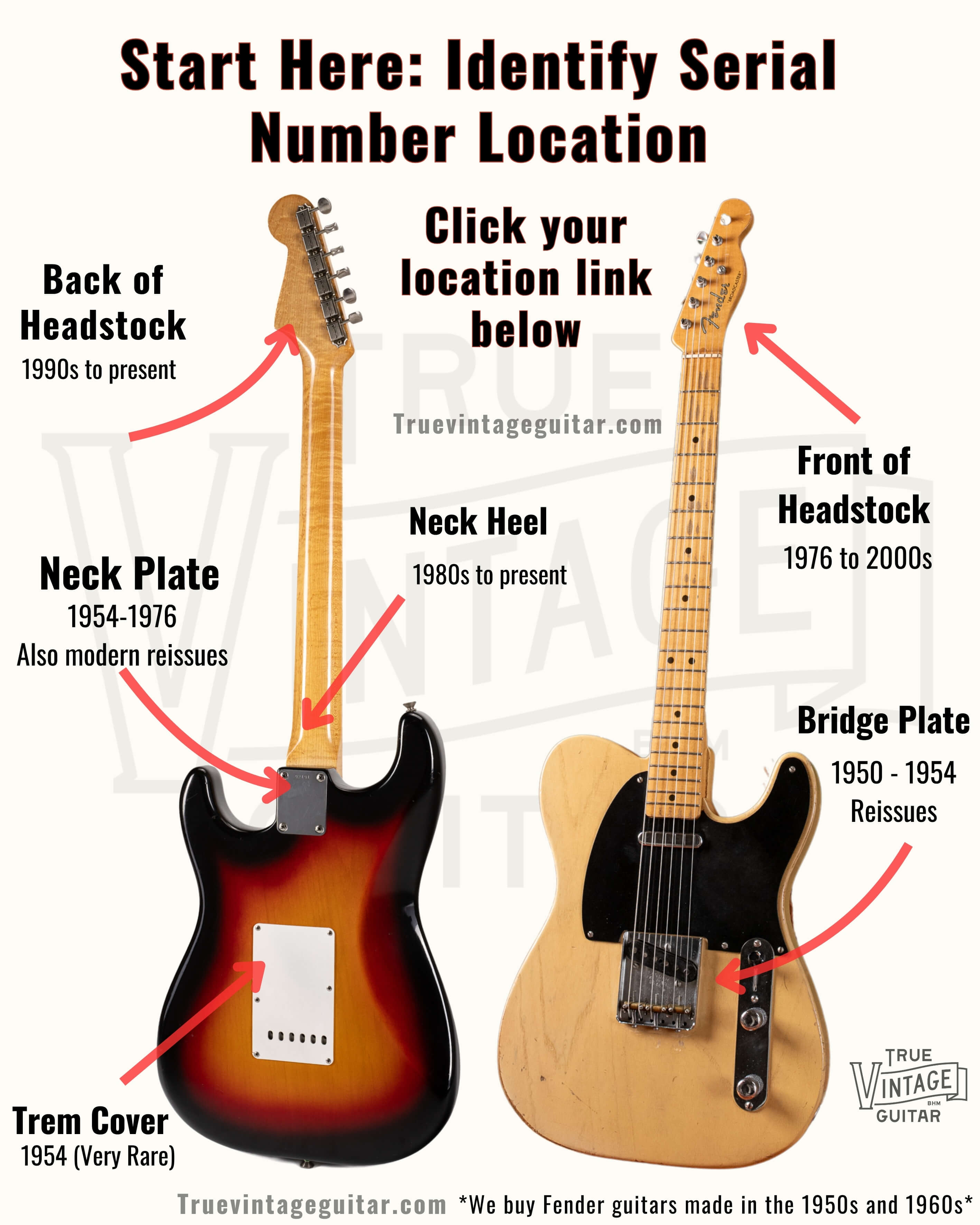 How to date Fender guitars by serial number. This image shows 6 different locations for serial numbers on Fender guitars. This image shows the user where to find the serial number on their Fender guitar.