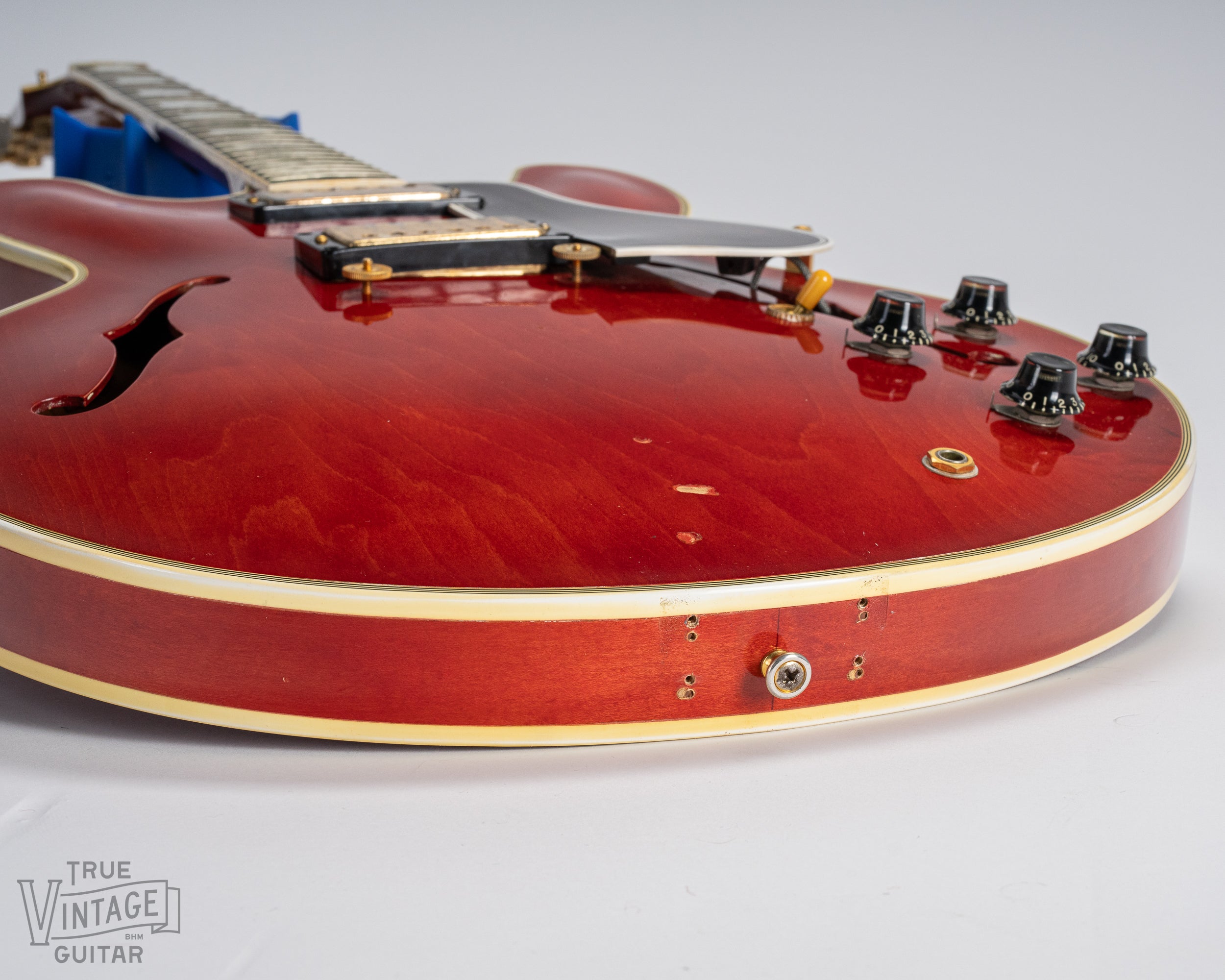 1959 Gibson ES-355 T Mono Cherry Watermelon red guitar sideways vibrola screw holes 