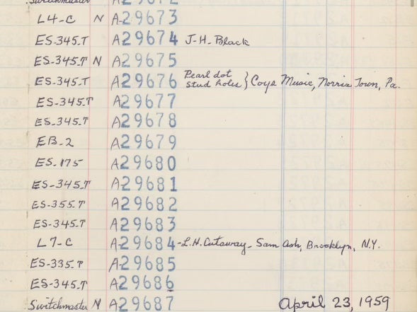 1959 Gibson ES-355 T Mono Cherry Watermelon red guitar original Gibson Shipment ledger