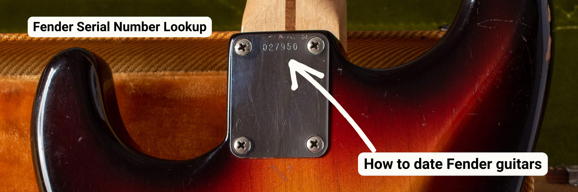 This image shows a vintage Fender guitar with serial number plate. This page helps the user date a Fender guitar serial number, read a Fender serial number, and find out what year their Fender guitar was made.