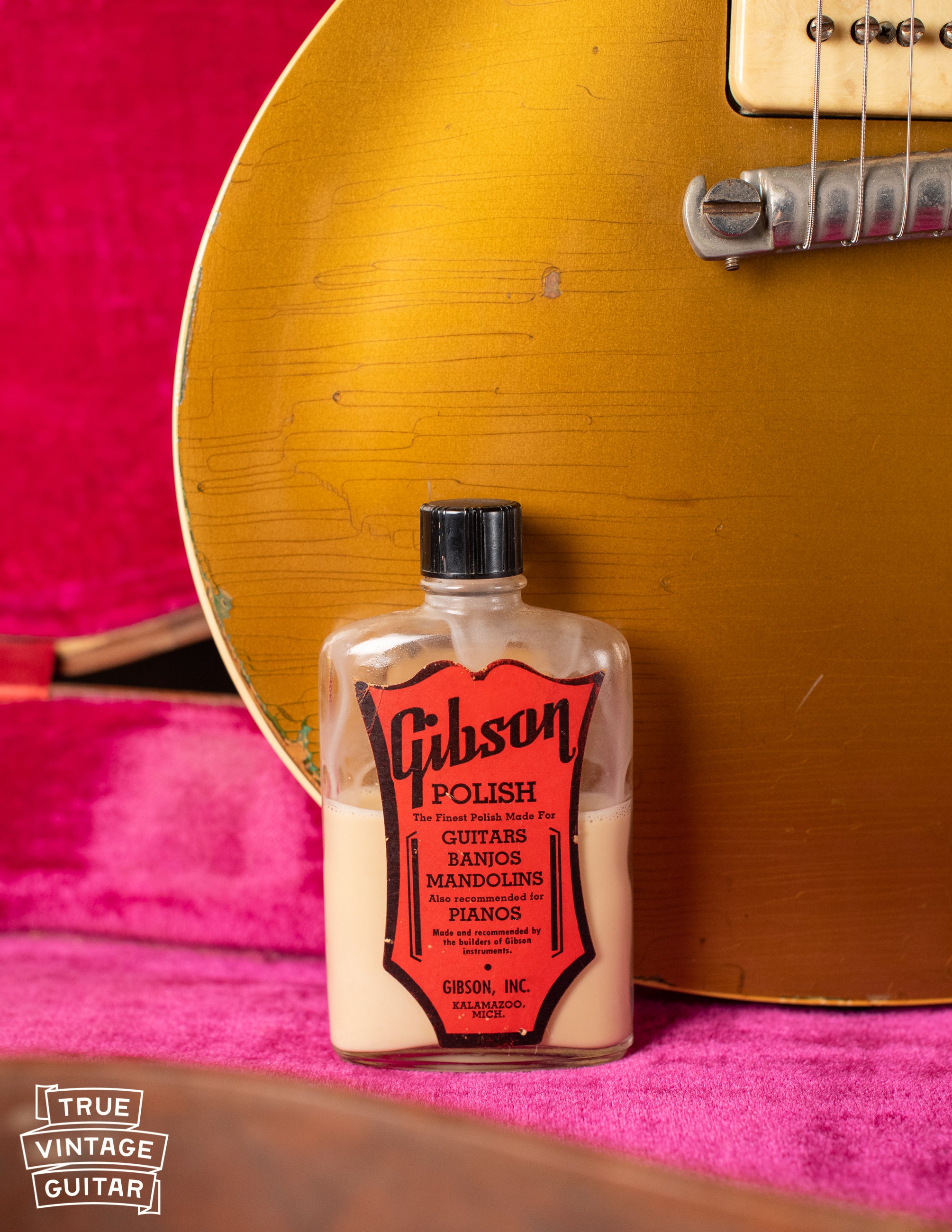 1950s Gibson polish bottle, Vintage 1954 Gibson Les Paul goldtop
