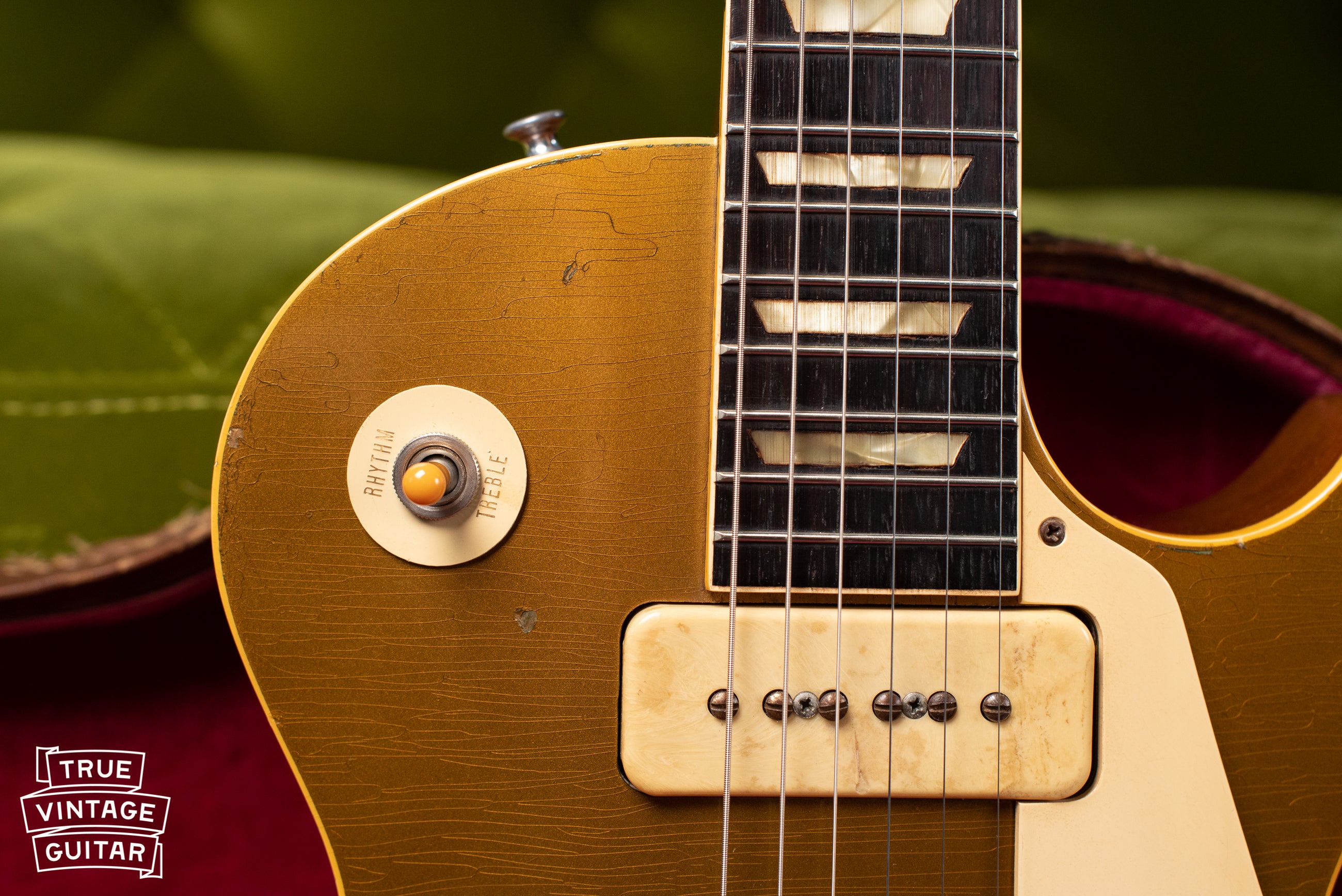 Rhythm Treble switch ring, Historic Makeovers Catalin switch tip, Vintage 1954 Gibson Les Paul goldtop