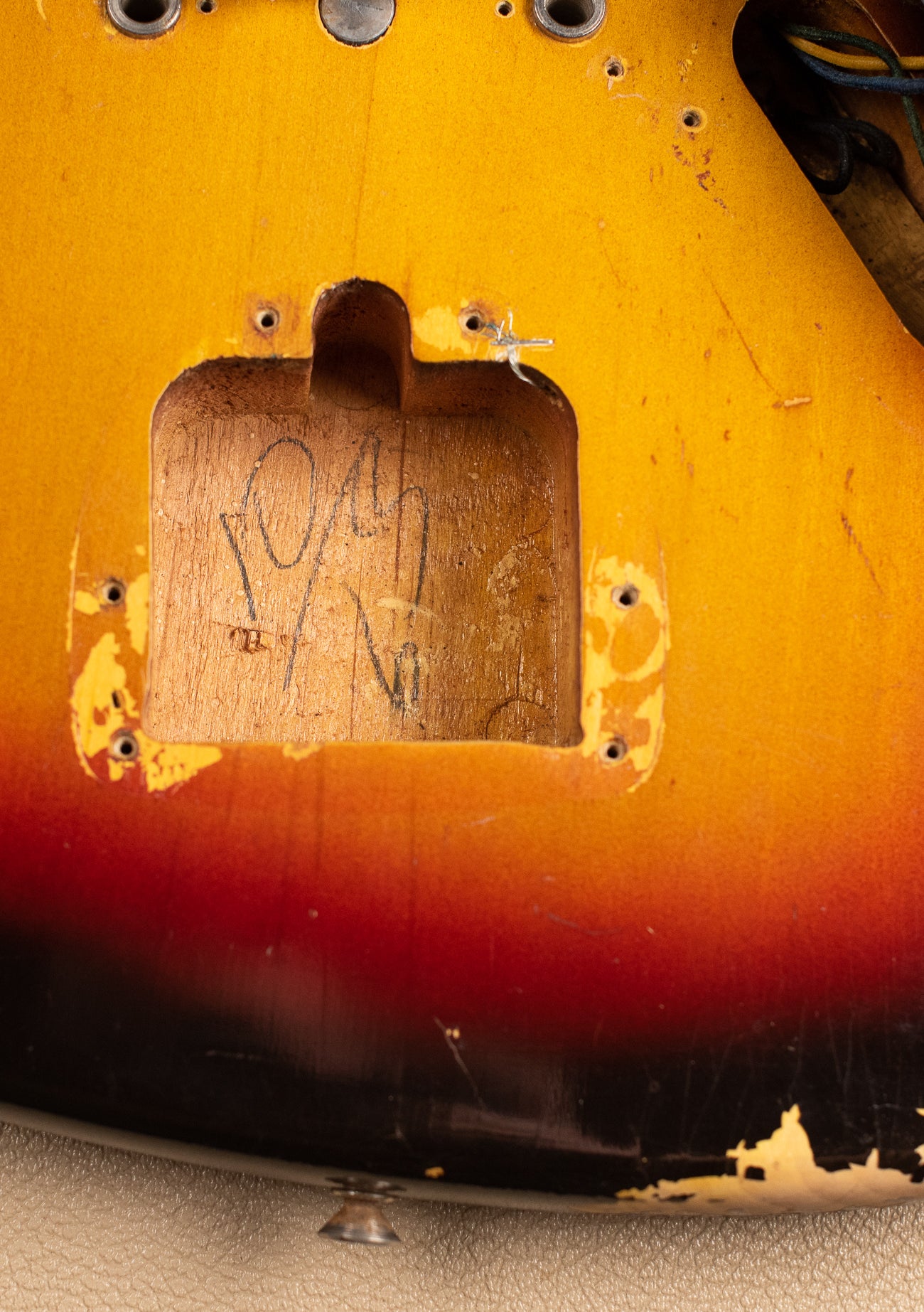 10/63 pencil date, tremolo cavity, Vintage 1963 Fender Jaguar Sunburst guitar