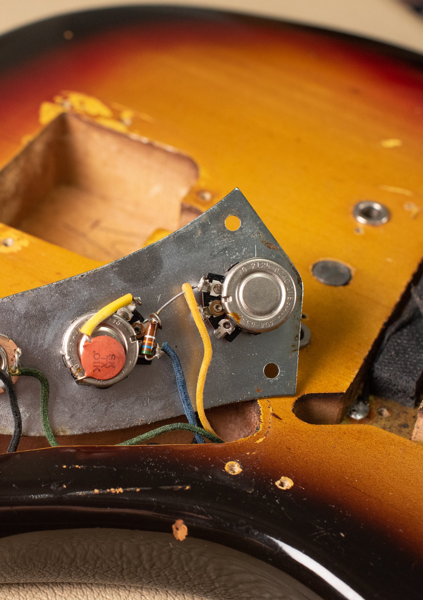 Control plate, electronics, potentiometers, Vintage 1963 Fender Jaguar Sunburst guitar