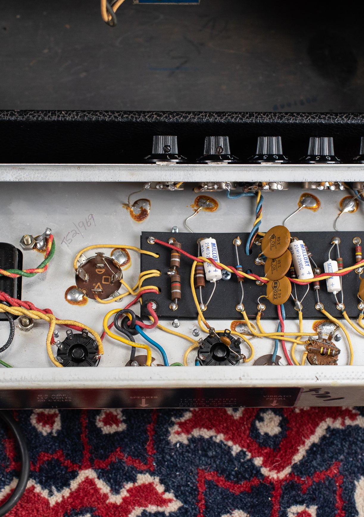 Circuit board, tag board, capacitors, 1969 Fender Vibro Champ Amp guitar amplifier