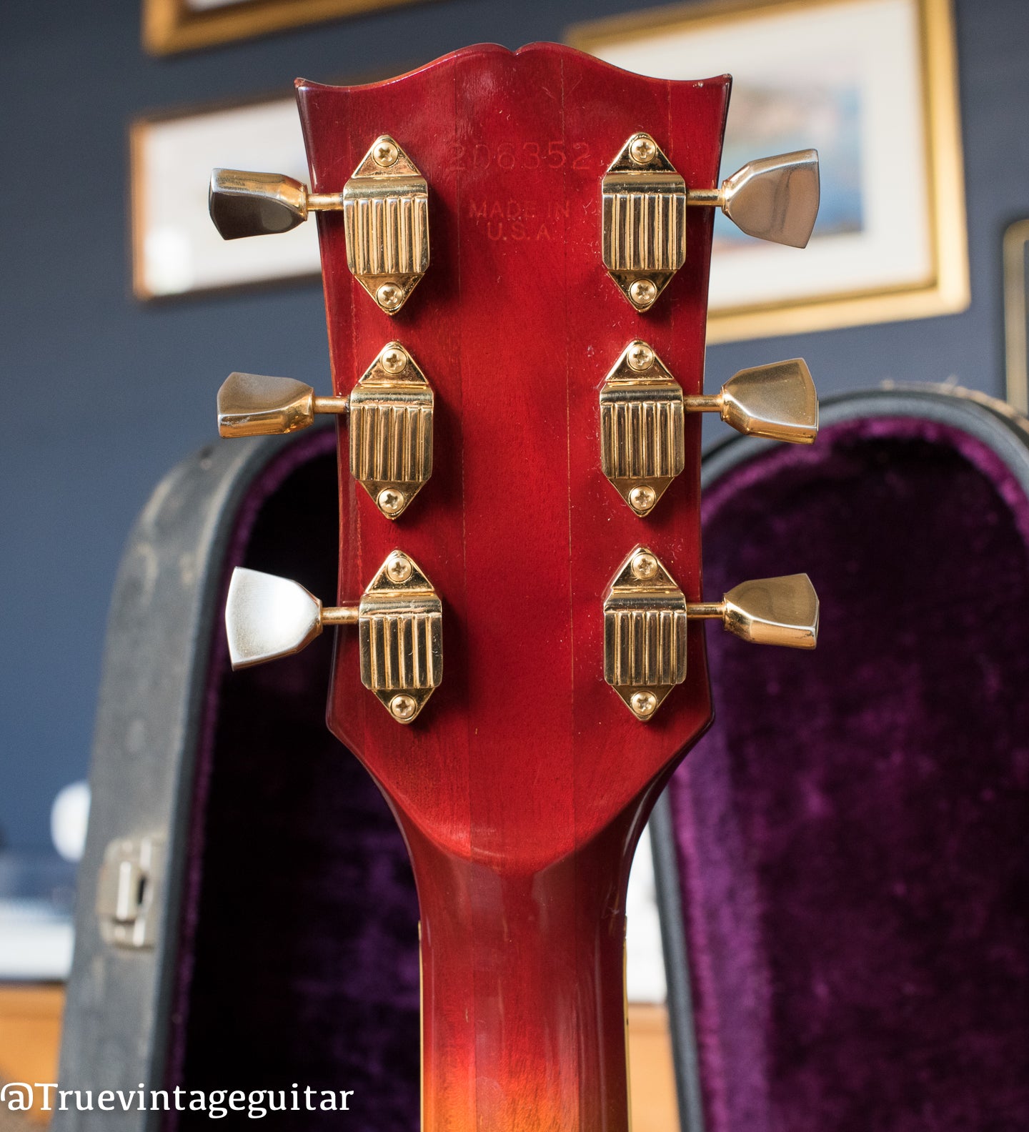 Tuners, back of headstock, Vintage 1974 Gibson Les Paul Custom Cherry Sunburst