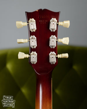 Double line Kluson opal button tuners, back of neck, Vintage 1972 Gibson Les Paul Deluxe electric guitar