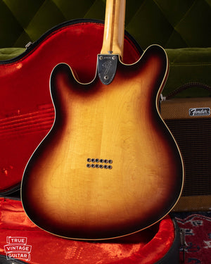Back of Fender Starcaster Gene Fields prototype with dark Sunburst finish and extra set of ferrules