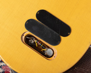 Double depth relief depth cut with double stacked control plates, bright yellow spaghetti capacitor lead covers. Gibson Les Paul TV Junior 1958