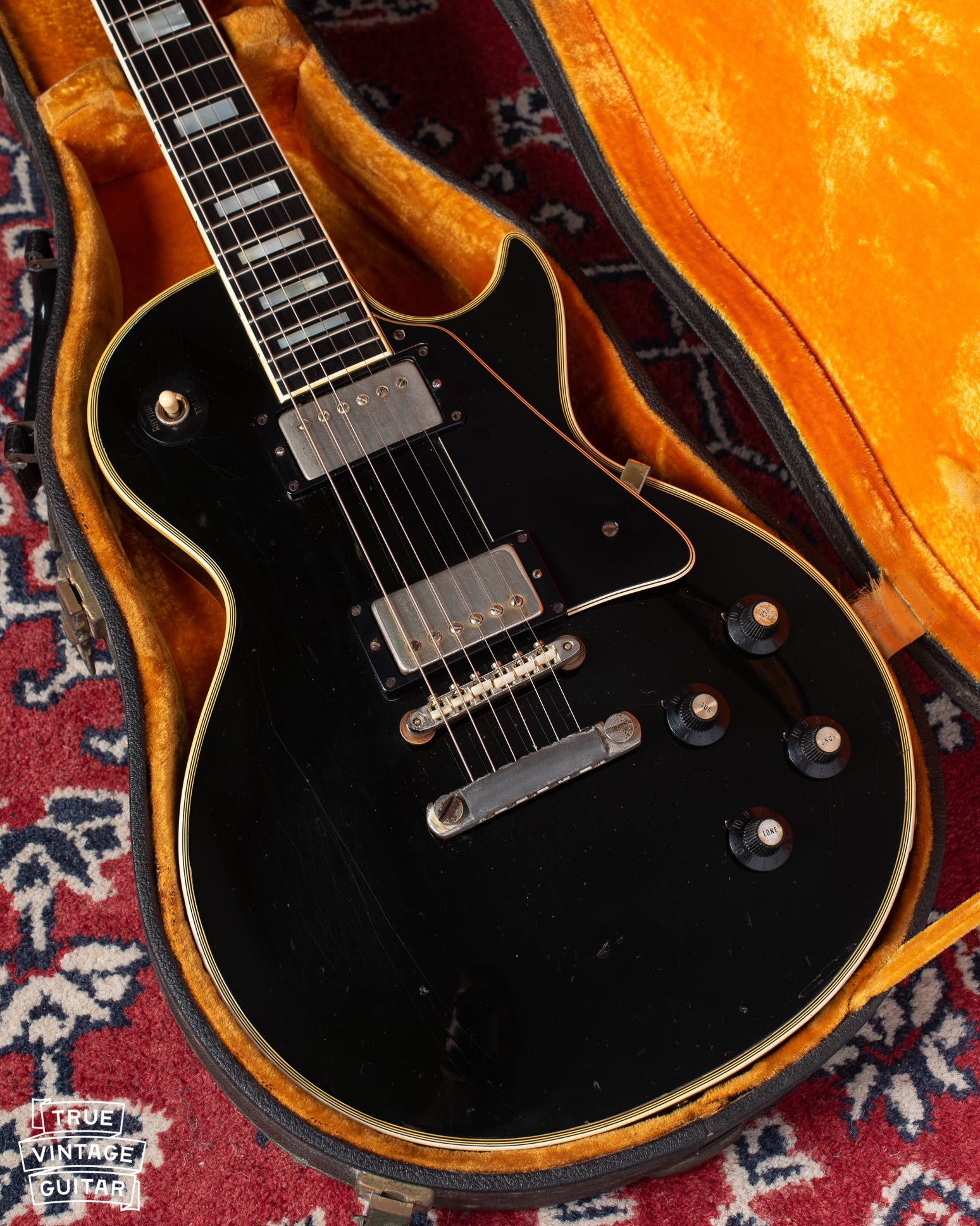 1969 Gibson Les Paul Custom black with gold parts in yellow and black case. 