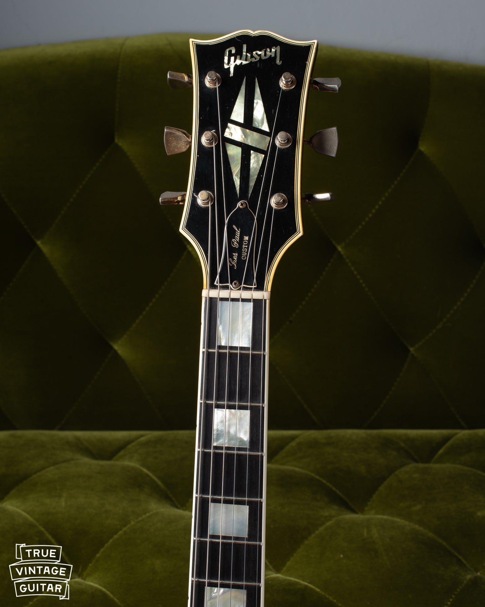 Neck with large pearl block fretboard inlays 1969 Gibson Les Paul Custom. 