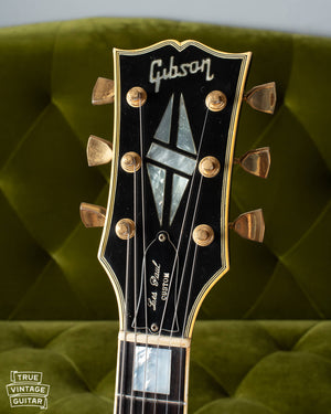 Gibson Les Paul Custom 1974 headstock with large inlay and gold tuners