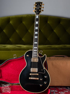 Gibson Les Paul Custom 1974, vintage black electric guitar with large pearl inlays