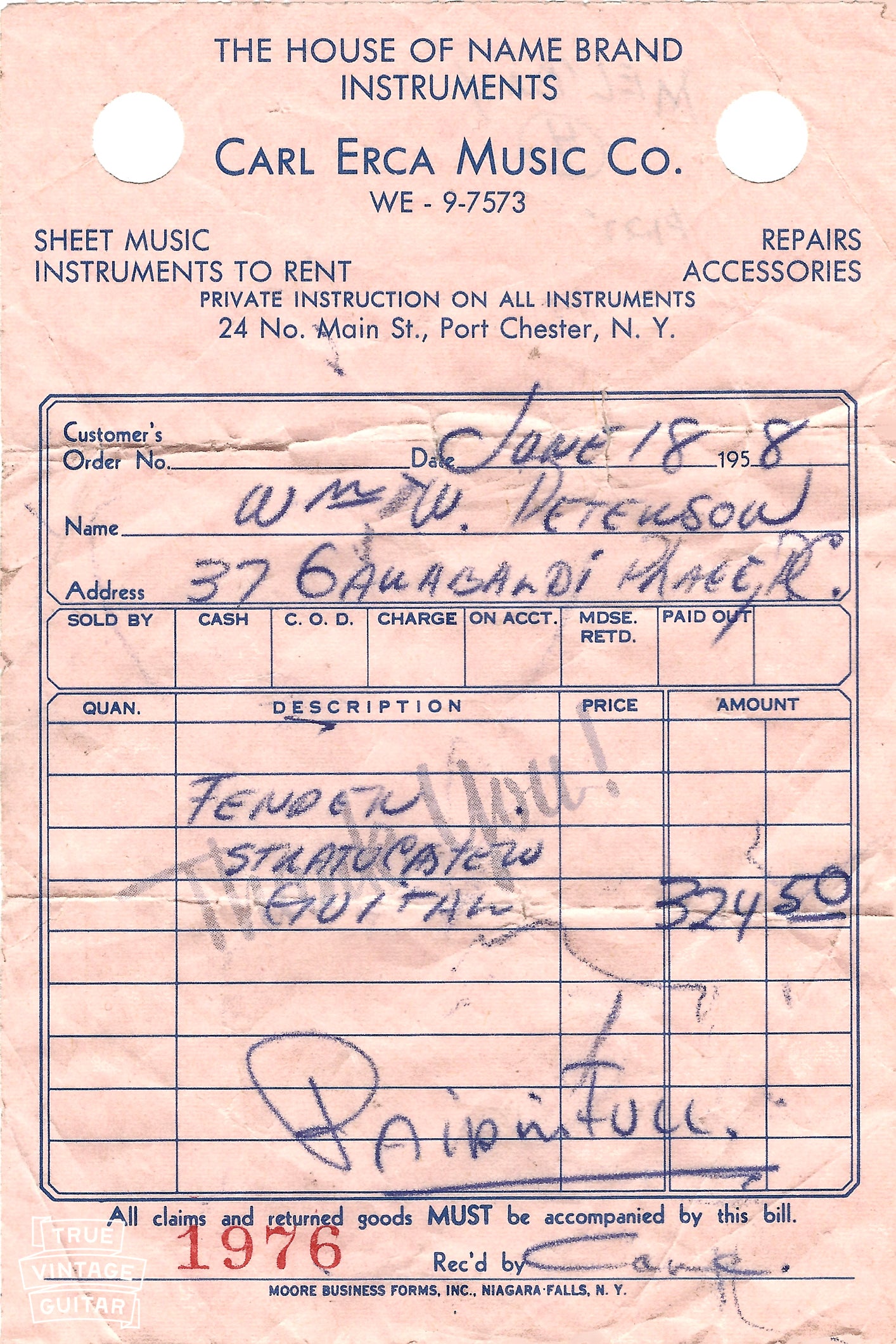 Fender Stratocaster 1958 original receipt